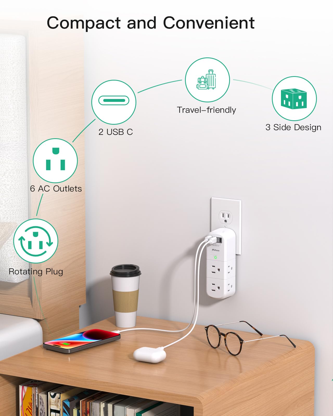 PD20W USB Outlet Extender Surge Protector - with Rotating Plug, 6 AC Multi Plug and 3 USB Ports (2 C), 3-Sided Swivel Power Strip Spaced Splitter for Home, Office, Travel — view 6