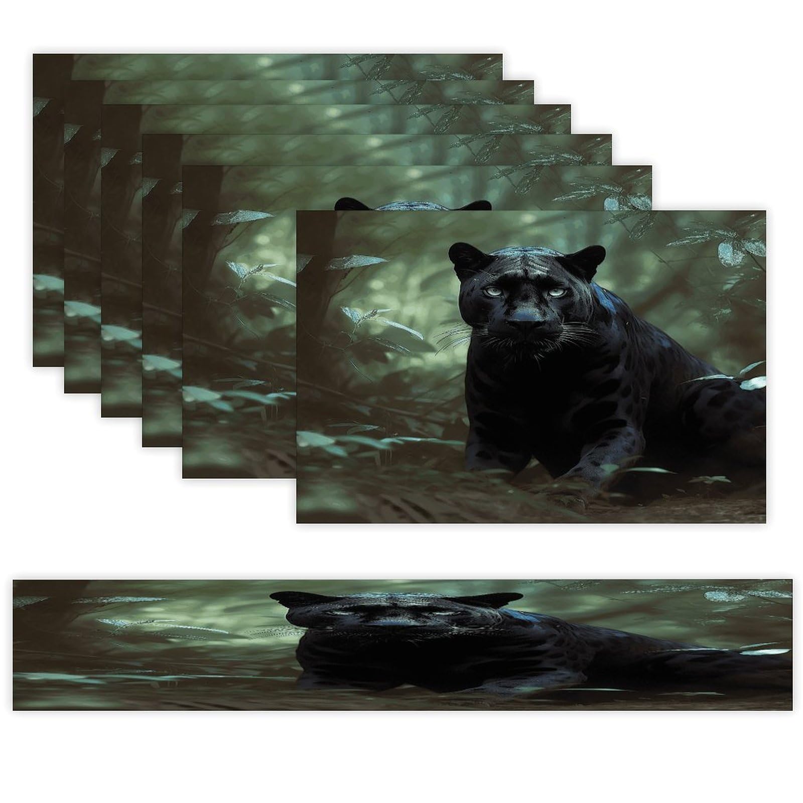 Forest Panther Table Runner and Placemats of 6 Washable Heat Resistant Place Mats with Table Runner Vintage Holiday Table Mat Set for Holiday Party Kitchen Dining Deco