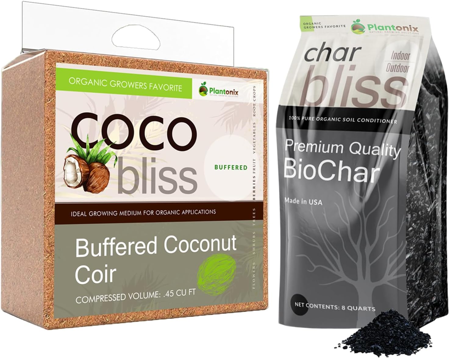 Buffered Coco Bliss (10lbs) + Char Bliss (8 Qts) - Coconut Coir Brick & Organic Biochar for Plants - Organic Coco Coir for Plants - Biochar Soil Amendment - Charcoal for Plants - Potting Soil Mix
