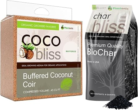 Buffered Coco Bliss 10lbs + Char Bliss 8 Qts - Coconut Coir Brick & Organic Biochar for Plants - Organic Coco Coir for Plants - Biochar Soil Amendment - Charcoal for Plants - Potting Soil Mix