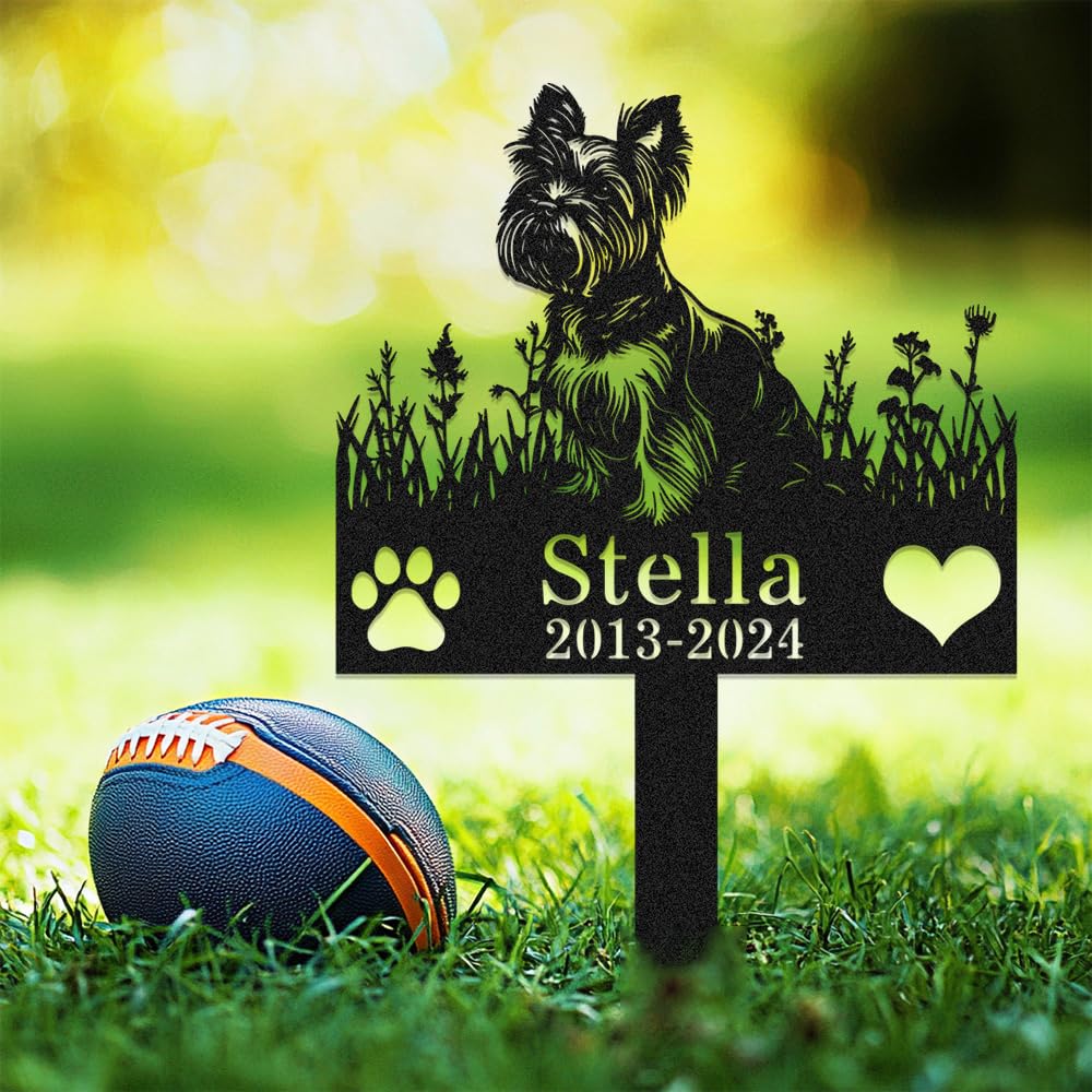 Custom Yorkshire Dog Memorial Grave Marker with Stake,Personalized Dogs Name Memorials Engraved Burial Sign,Customized Loss of Sympathy Gifts for Pet Owner,Flower Pets Headstone for Cemetery Lawn Yard