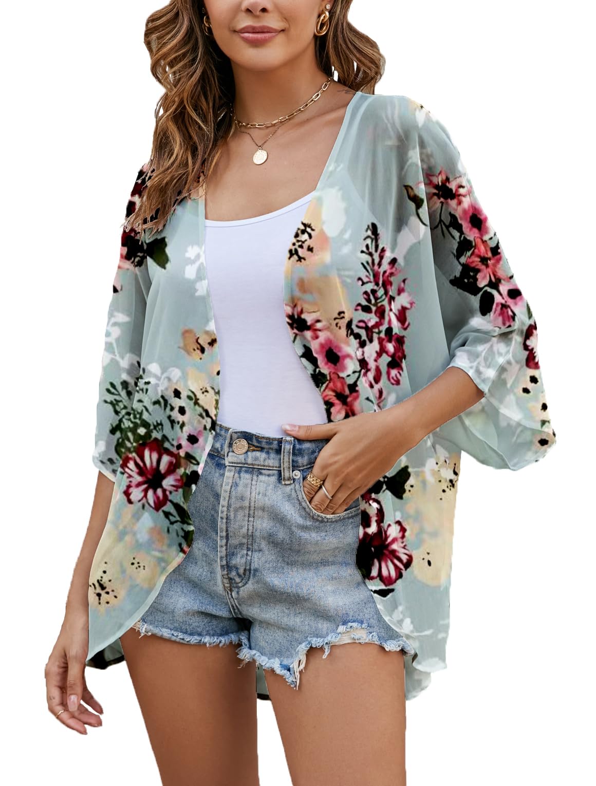 Heynino Damen offener Vorderseite Chiffon Kimono Jacke Badem
