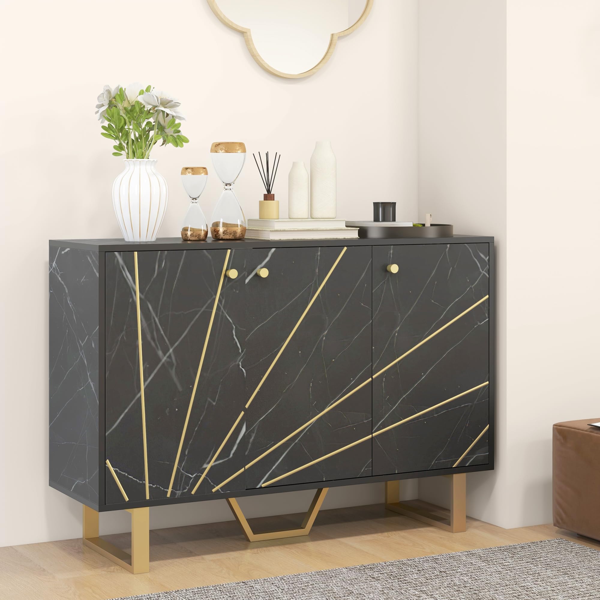 HOMCOM Aparador Moderno 2 Puertas Antivuelco 107x35x75 cm Negro y Dorado | Aparador de Salón, Estante Ajustable, Mueble Auxiliar para Salón, Efecto Mármol