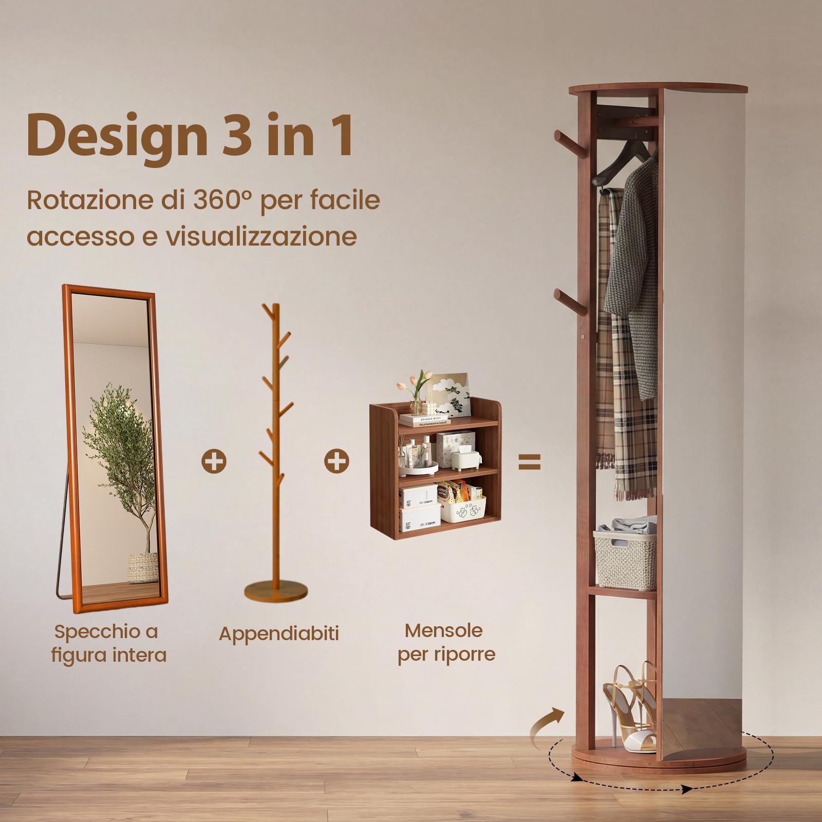 COSTWAY Appendiabiti Girevole a 360° con Specchio, Specchio a Figura Intera da Terra con Ripiani e Ganci, Appendiabiti per Soggiorno, Camera da Letto e Guardaroba (Stile 3)