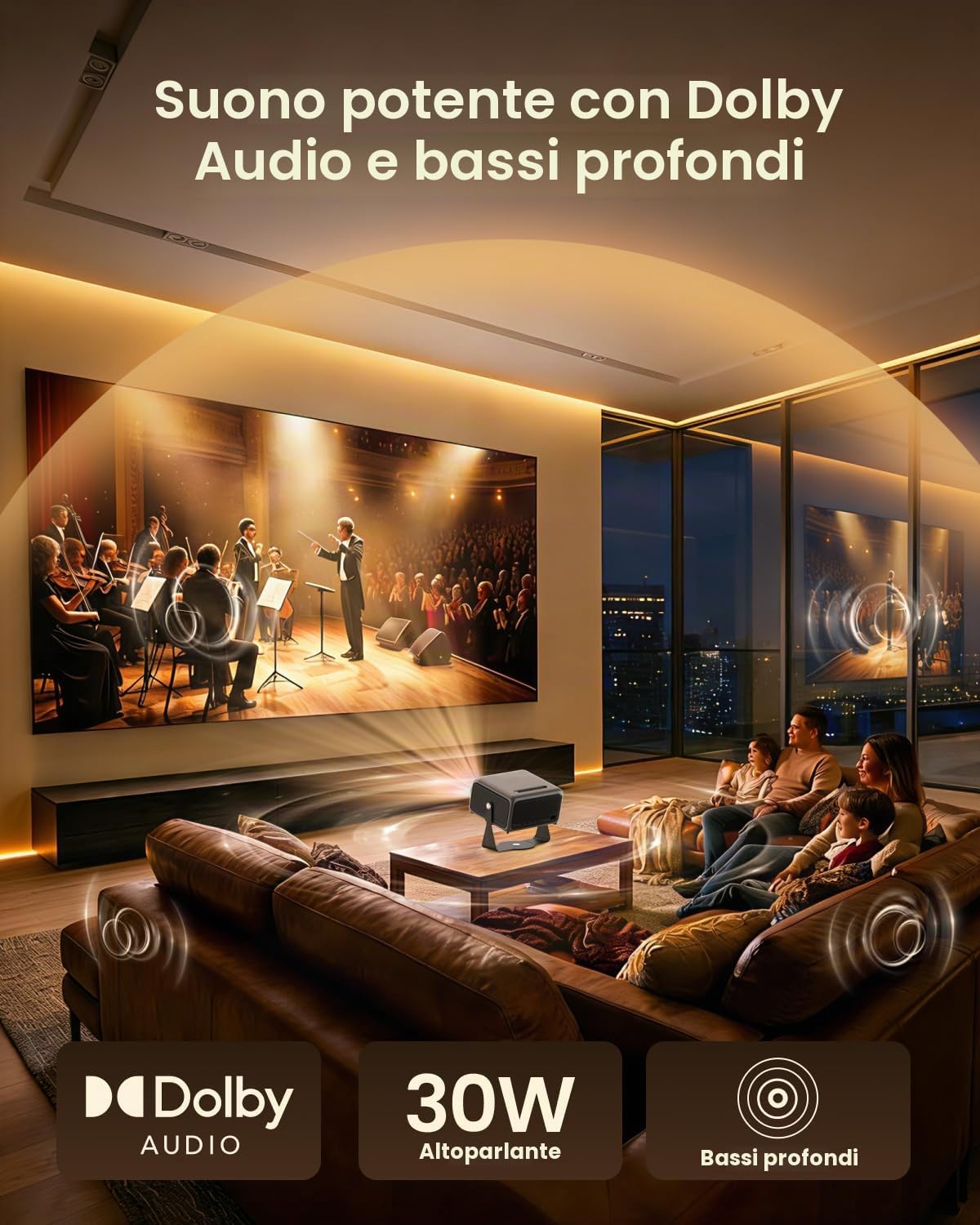 Videoproiettore 4K Home Cinema 2200 ANSI per Ambienti Luminosi, Smart TV con Netflix, Prime Video e YouTube, Auto Focus ToF, Correzione Keystone, WiFi 6 Bluetooth, Dolby Audio 30W, Supporto 360°