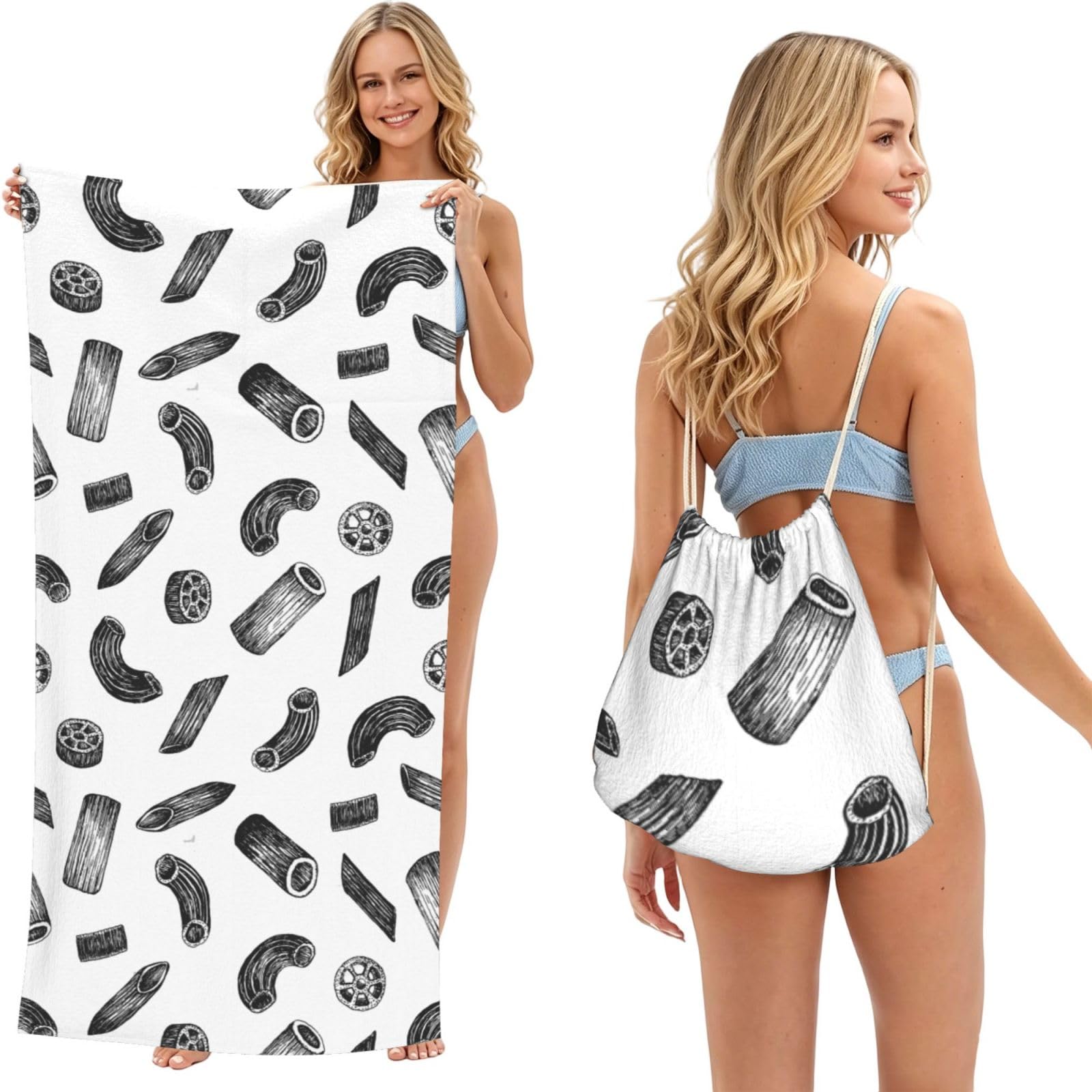 Poadnly As Picture Hand Drawn Pasta, 2 In 1 Packable Towel Bag, Beach Towels With Drawstring Backpack For Travel Holiday Camping