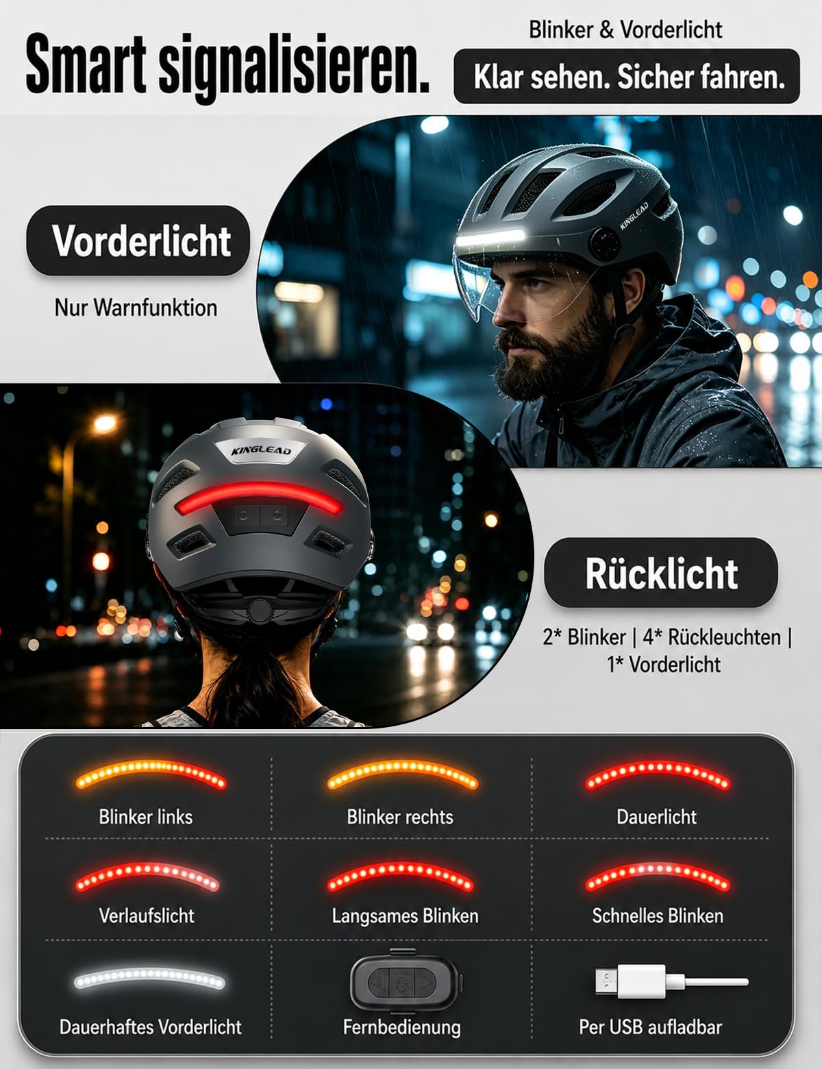 KINGLEAD Fahrradhelm Herren Damen mit Licht und Blinker, Visier, NTA 8776
