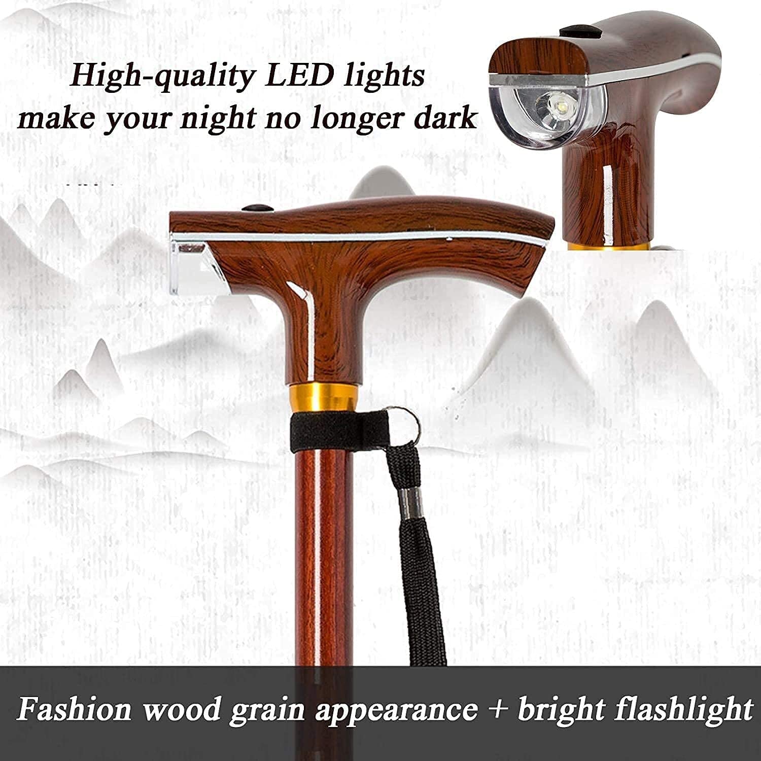 Bastón de Madera Ajustable con luz LED, aleación de Aluminio, Ligero y Duradero, Multifuncional, para Personas Mayores.