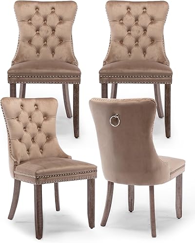 Miniatura 2 de Juego de 4 sillas de comedor de terciopelo tapizadas con ribete de cabeza de clavo y patas de madera maciza para cocina, restaurante, caqui