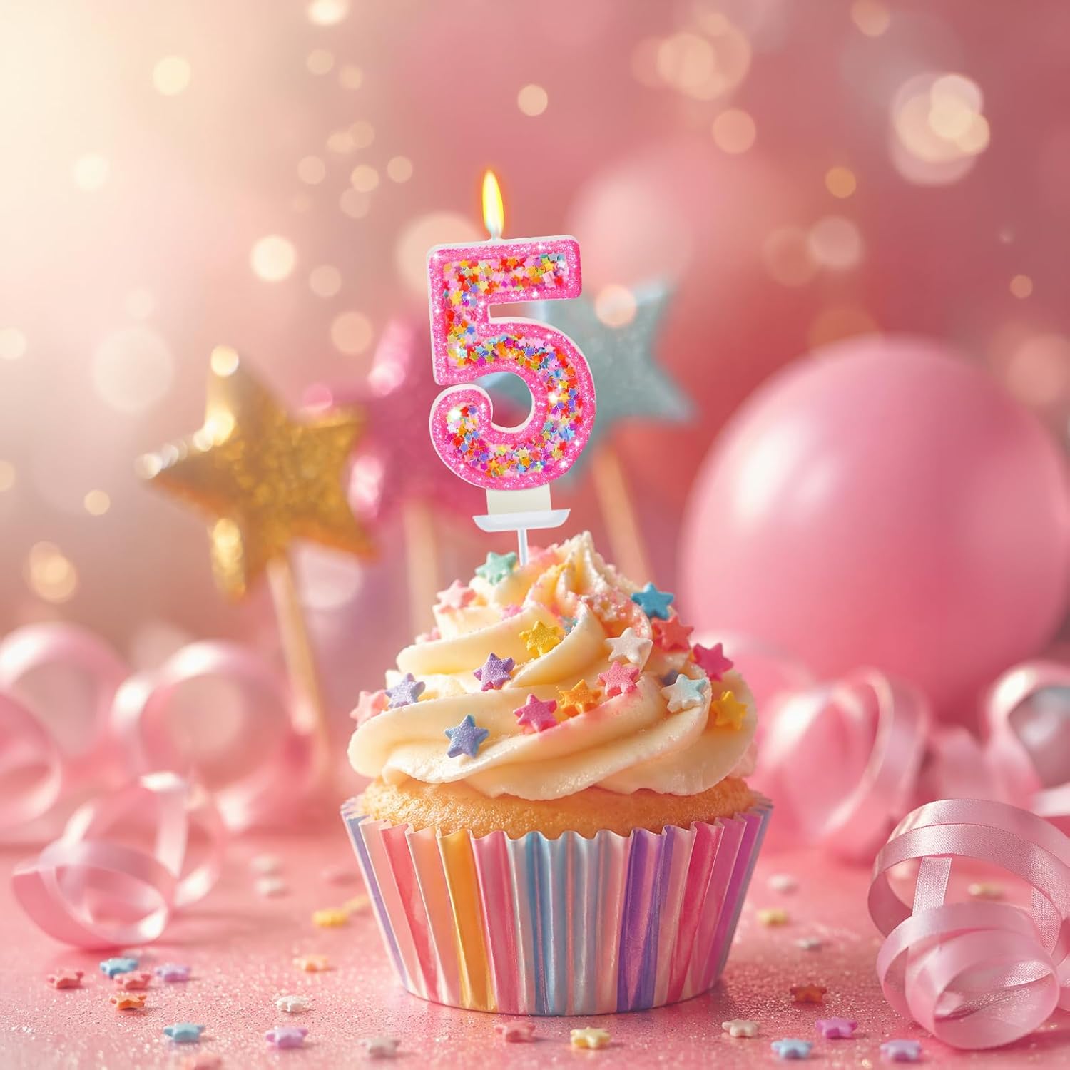 Hot Pink Star Sequins Number 5 Candle 5th Birthday Decoration Girl