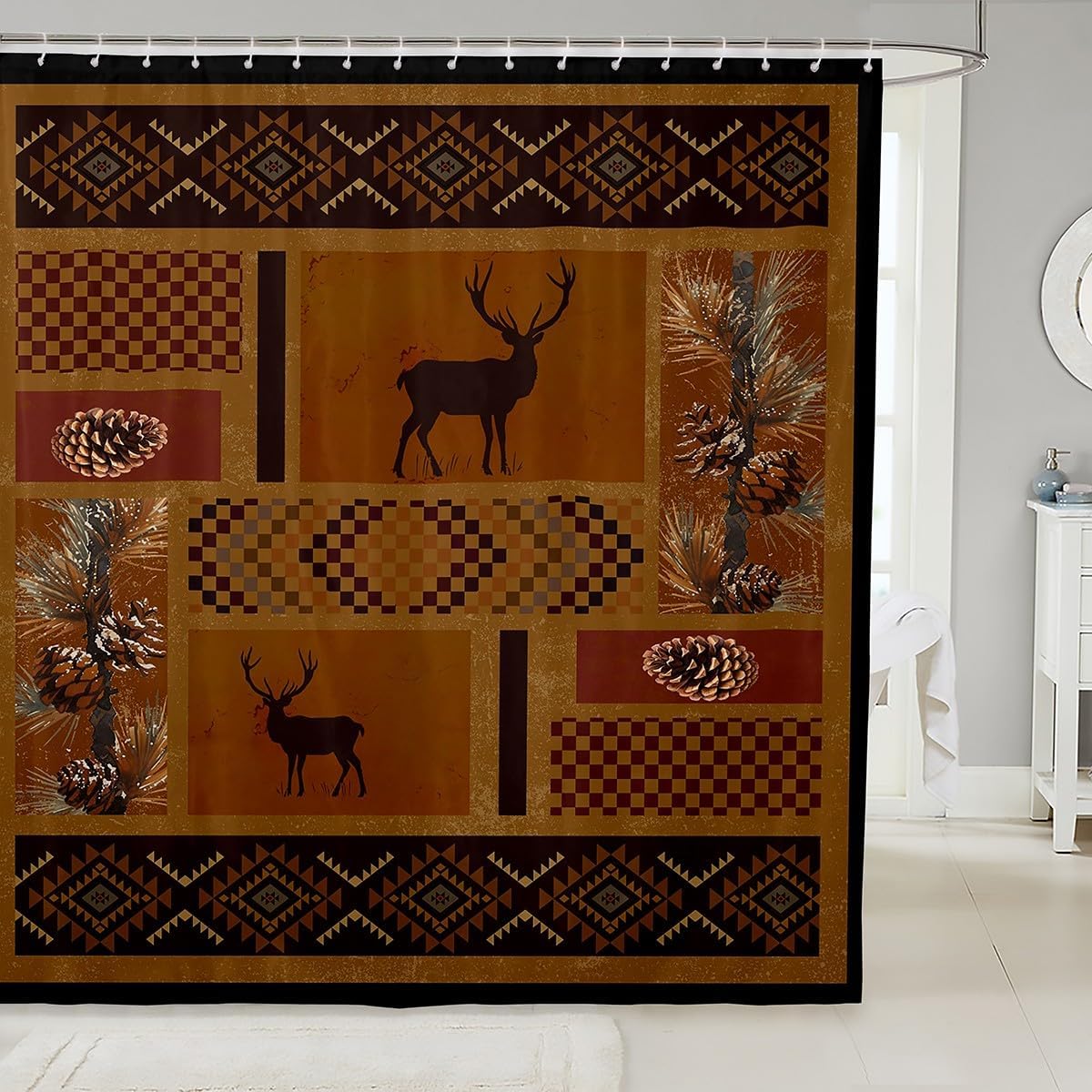 Deer Antler Silhouette Bath Curtain,Wildlife Outdoor Adventure Tribal Bathroom Shower Curtain,Retro Jungle Camouflage Print Waterproof Fabric with Hooks for Stalls,72Wx78L inch