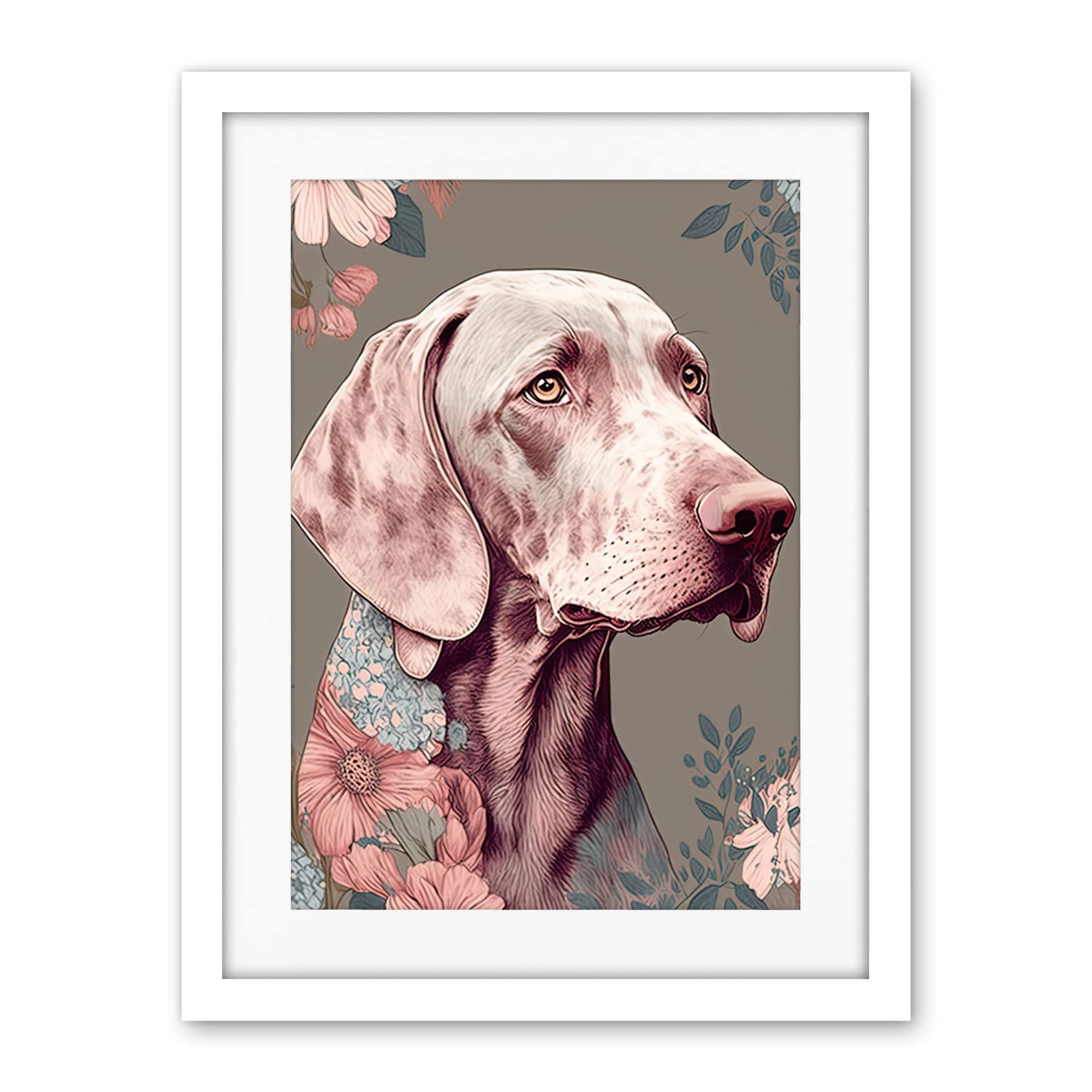 Artery8 Weimaraner Dog Portrait with Flower Patterns Modern Detailed Illustration Artwork Framed Wall Art Print 18X24 Inch