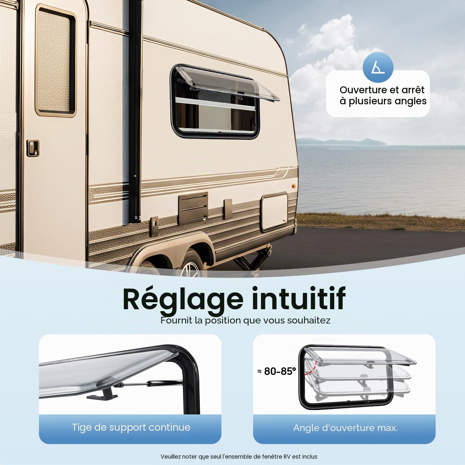Fenêtre battante pour camping-car - 700 x 400 mm - Avec rideaux de protection solaire et moustiquaire - Pour camping-car, caravane, fourgon, van - 700 x 400 mm