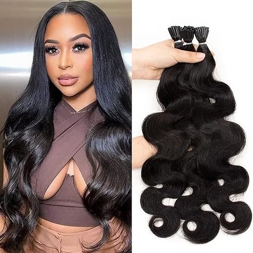 I Tip - Extensiones de cabello humano color negro natural, 0.04 ozpieza, 100 mechones por paquete, extensiones de cabello humano con queratina