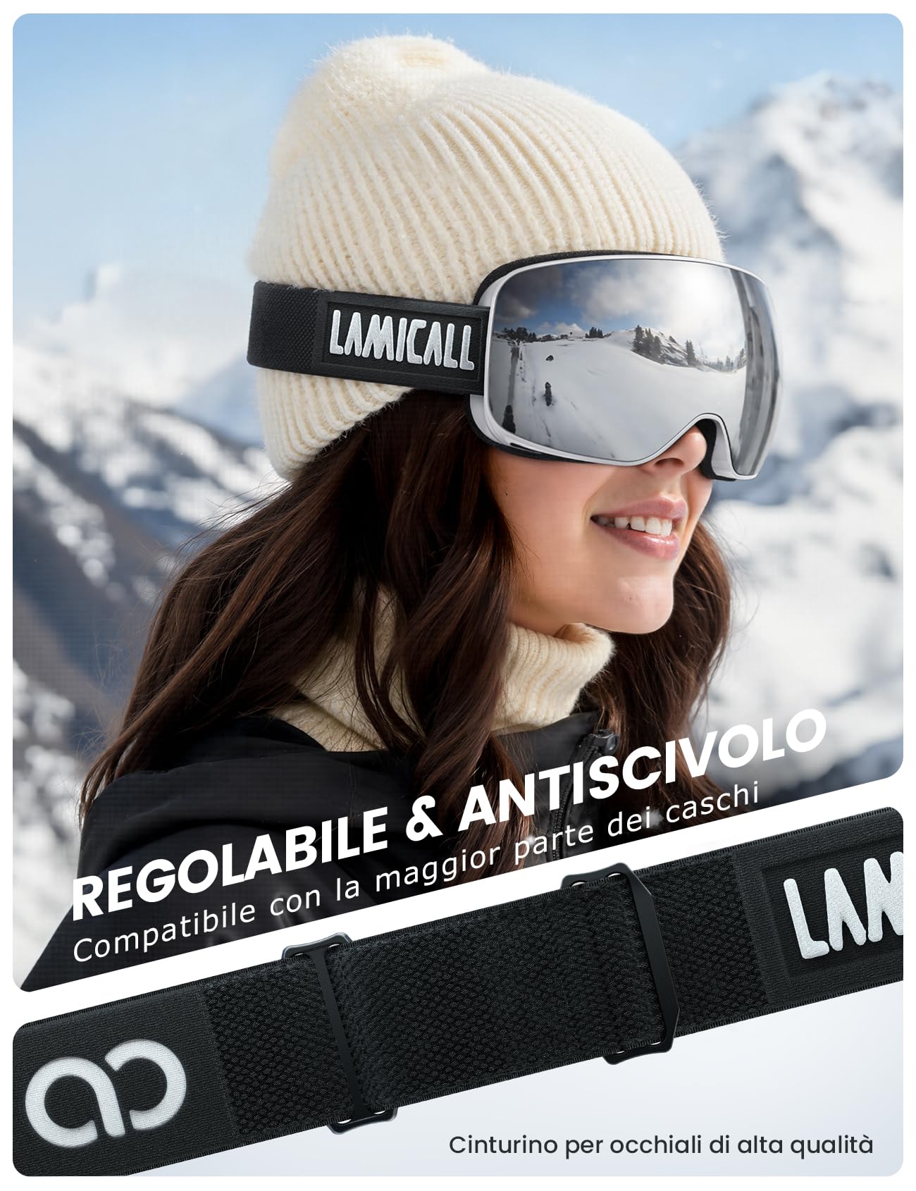 Lamicall Maschera da Sci Uomo, Occhiali da Sci OTG - [Ultra HD Lenti Sferiche & Anti Nebbia Brevettato] Occhiali Snowboard, UV400 Protezione, Maschera Snowboard Donna Visione Più Ampia