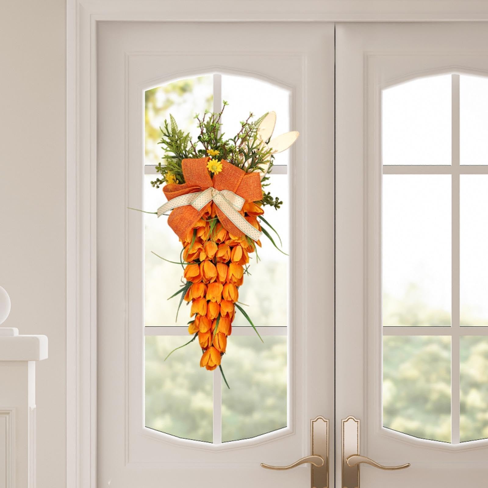 Ghirlanda Pasquale Decorazione Sospesa Tulipano Carota Teardrop Fiori Artificiali con Rattan Tessuto Pp Adatta per Parete Celebrazi, Grande con coniglietto