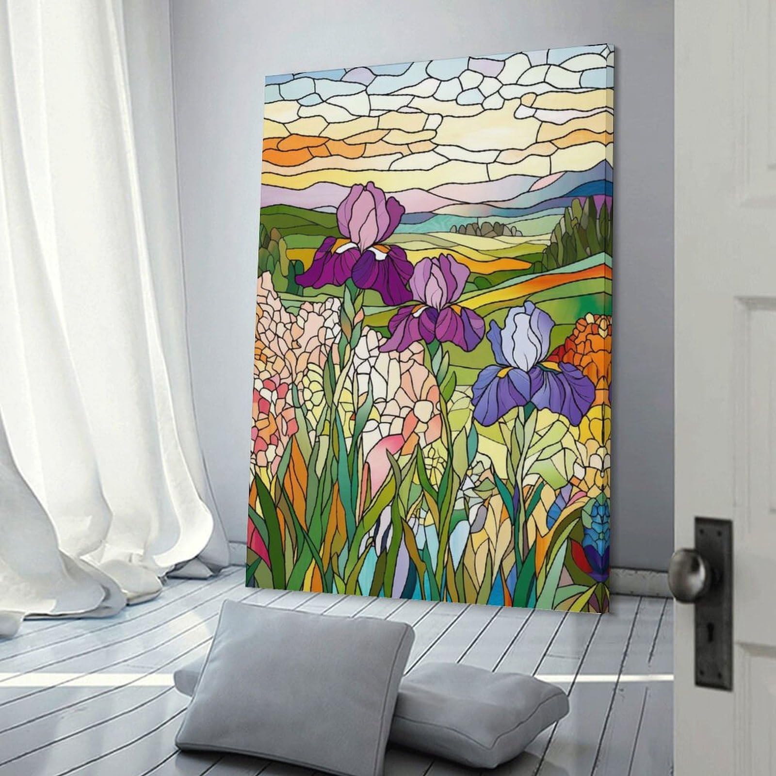 Junmoney Frame-Style-3-1 Stained Glass Irises Canvas Art Print, 24X36inch(60X90cm), For Living Room, Bedroom, Office Or Hallway, Decorative Artwork With Broad Appeal