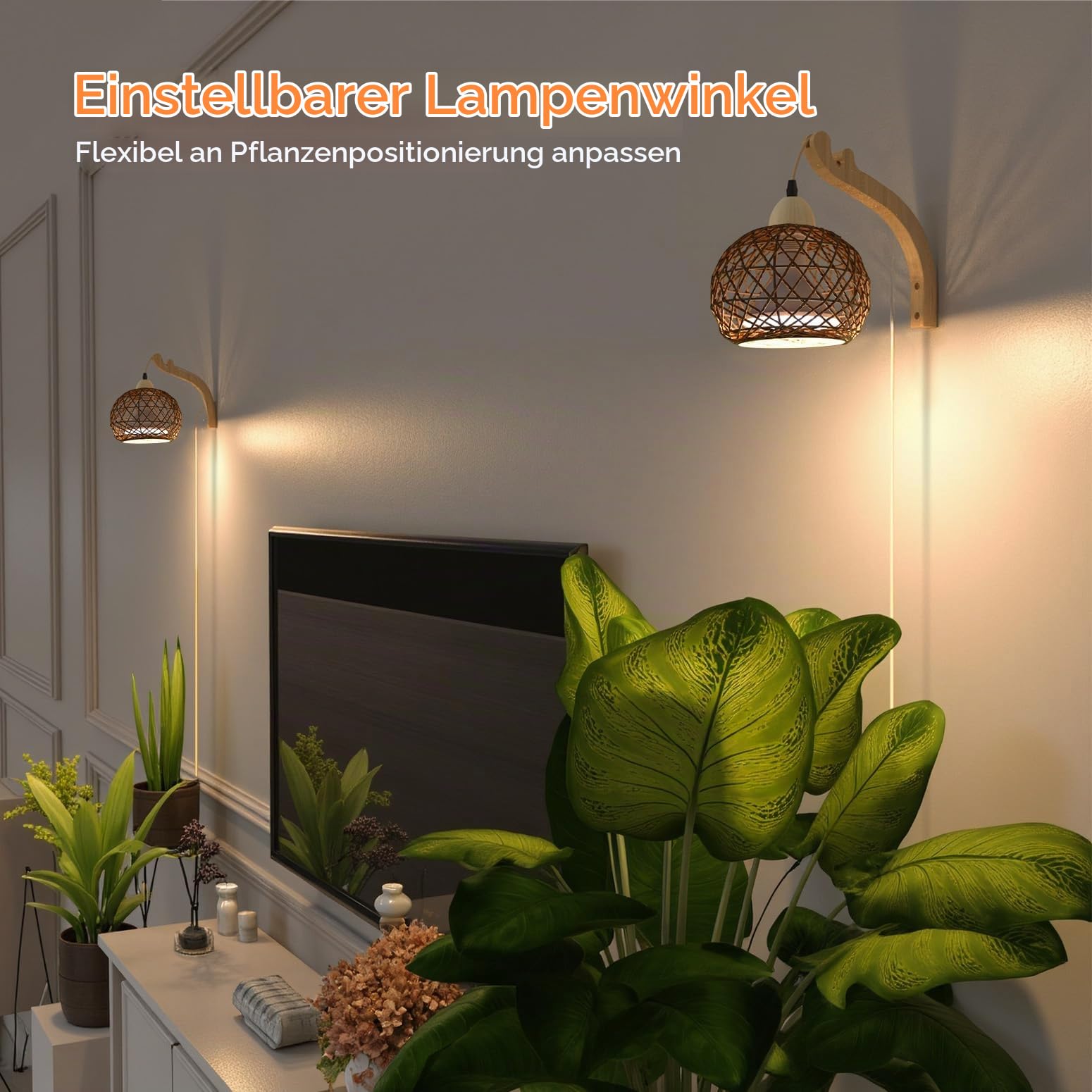 Bstrip Wand-Pflanzenlampe mit Boho-Rattanschirm, 18W, 3800K