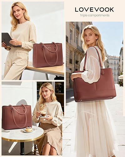 Miniatura 2 de LOVEVOOK Bolsa de mano para laptop para mujer, bolsa de trabajo de piel sintética con 3 compartimentos, bolsa impermeable para computadora para