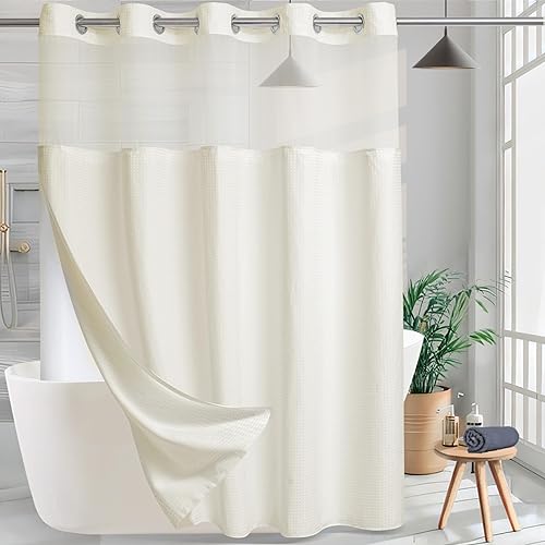 KONZENT Cortina de ducha tipo waffle sin necesidad de gancho cortina de ducha de tela de hotel lavable a máquina con forro extraíble a presión para