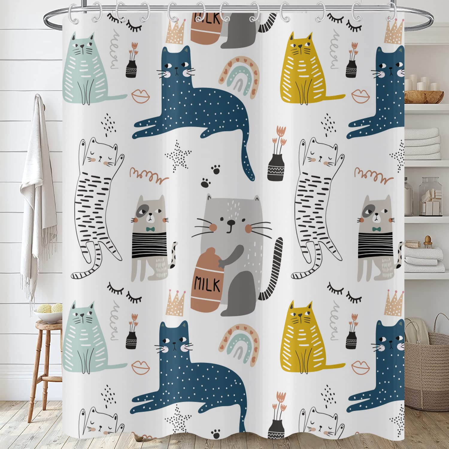 Hnmdmyi Funny Cat Shower Curtain 120x200, Kids Cute Cartoon Animal Graffiti Colorful Kitten Bathroom Curtains with Hooks Boys Girls Waterproof Polyester Fabric Washable Bath Curtains for Wet Room