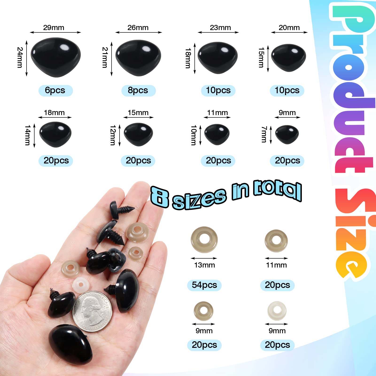 TOAOB 114pcs Black Safety Noses for Amigurumis Plastic Doll Noses with Washers 9mm to 29mm for Stuffed Crochet Animals Craft Puppet Plush Accessories - Image 2