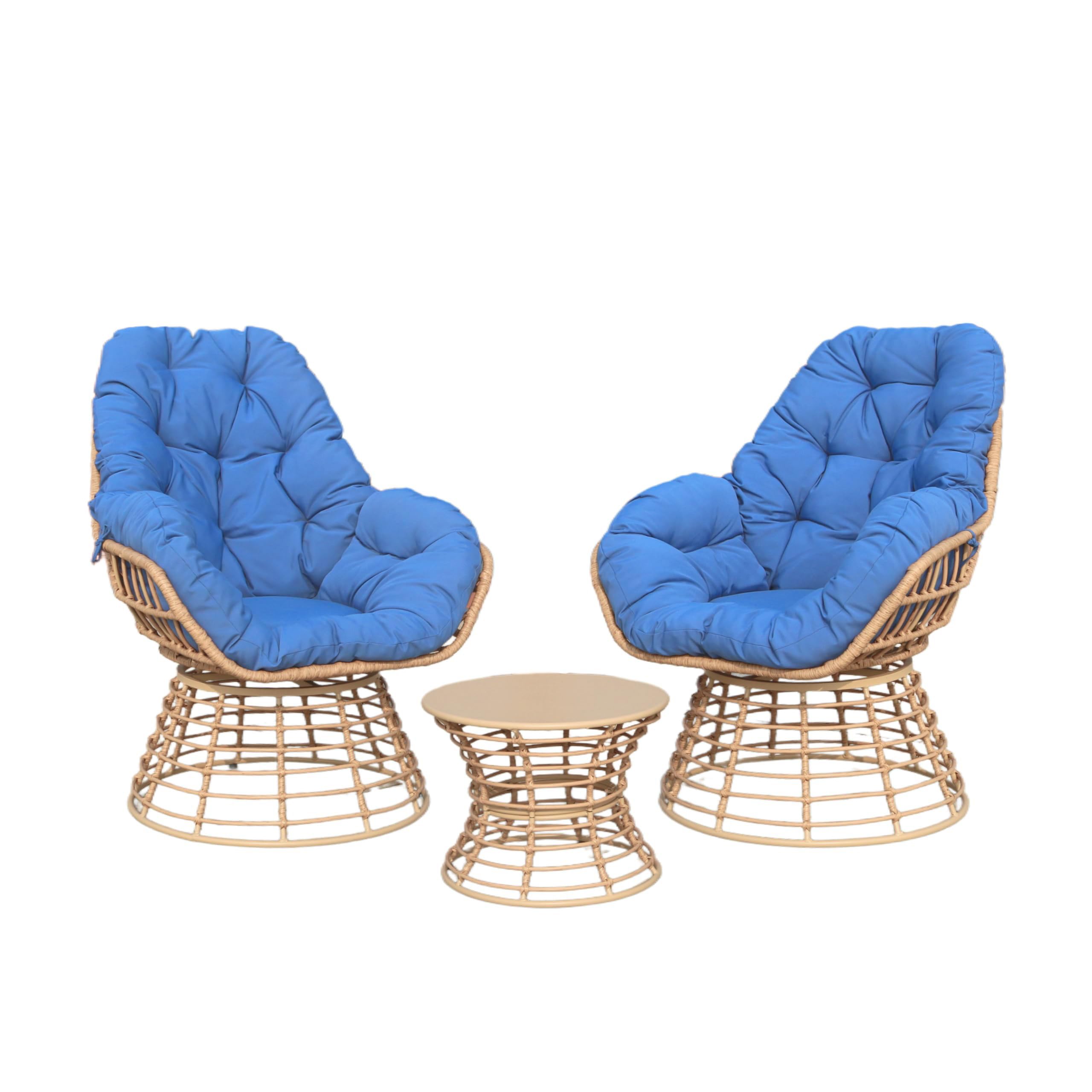 VIXLON Swivel Chairs for Outside Patio Set of 3, 360 Degree Swivel Pe Wicker Luxury Lounger Chair with 20" Side Table, Soft Cushion and Durable Frame,