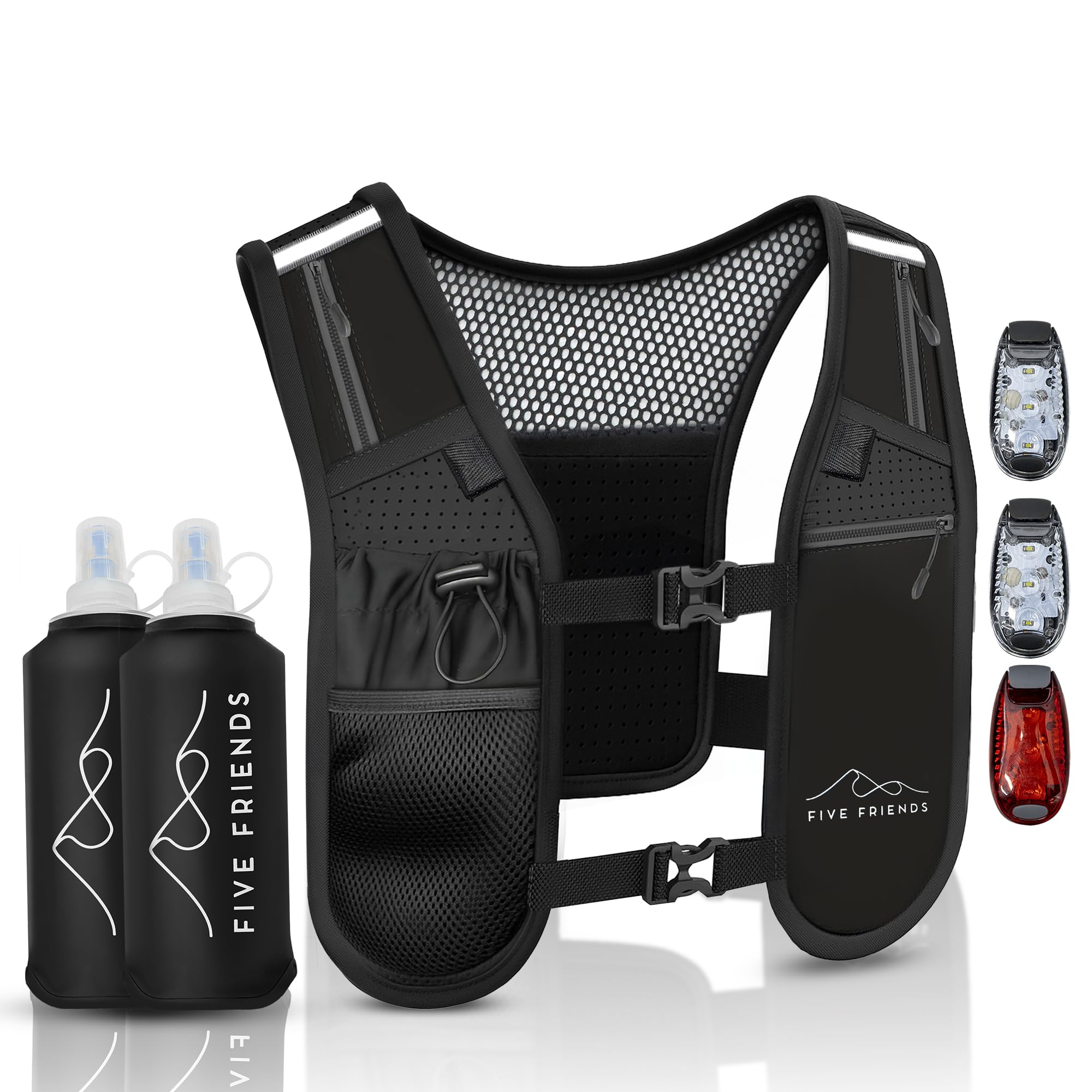 Running Vest with 2 Water Bottles & 3 LED Lights – Lightweight Reflective Hydration Vest with 6 Pockets – Adjustable Running Backpack for Men & Women, Ideal for Marathon & Night Trainings