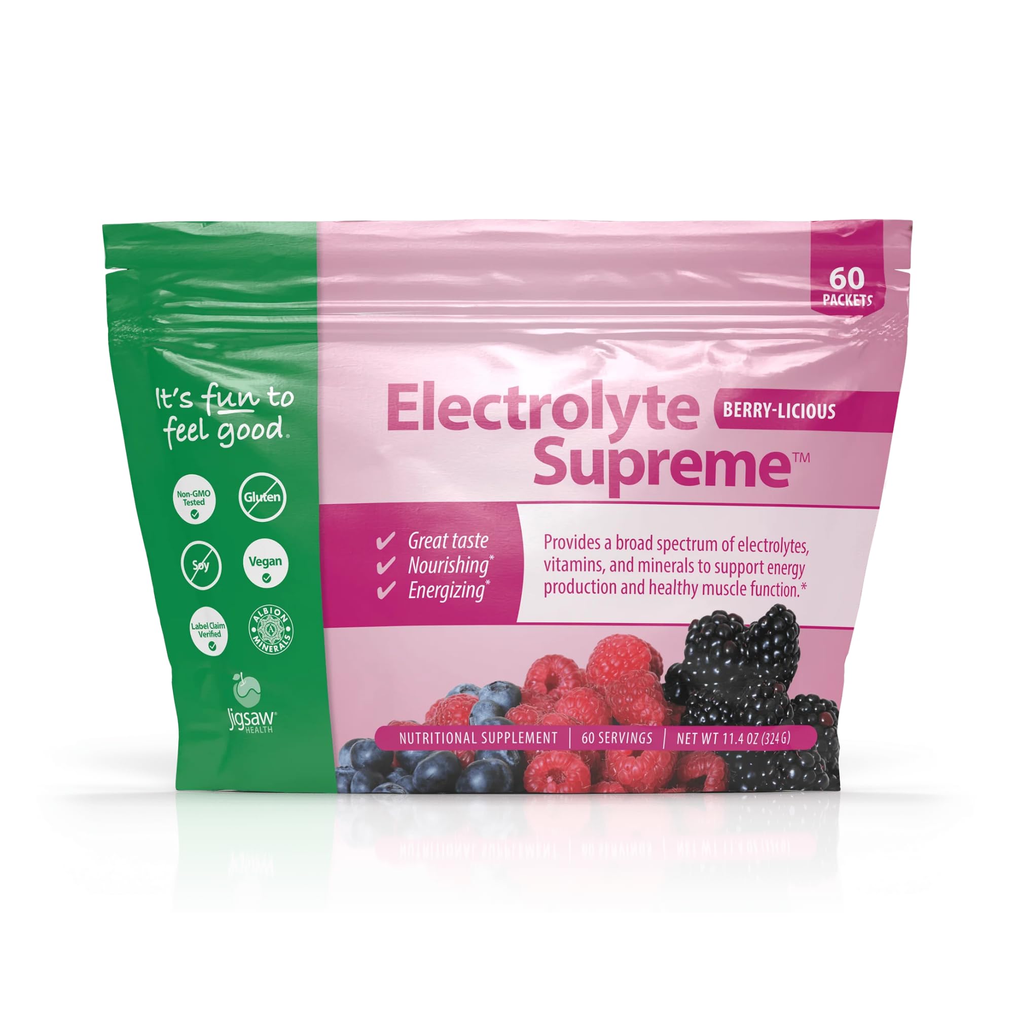 Electrolito Supremo Jigsaw Health | Amplio espectro de electrolitos y oligoelementos | Sabor delicioso a frutos rojos | 60 porciones (sobres)