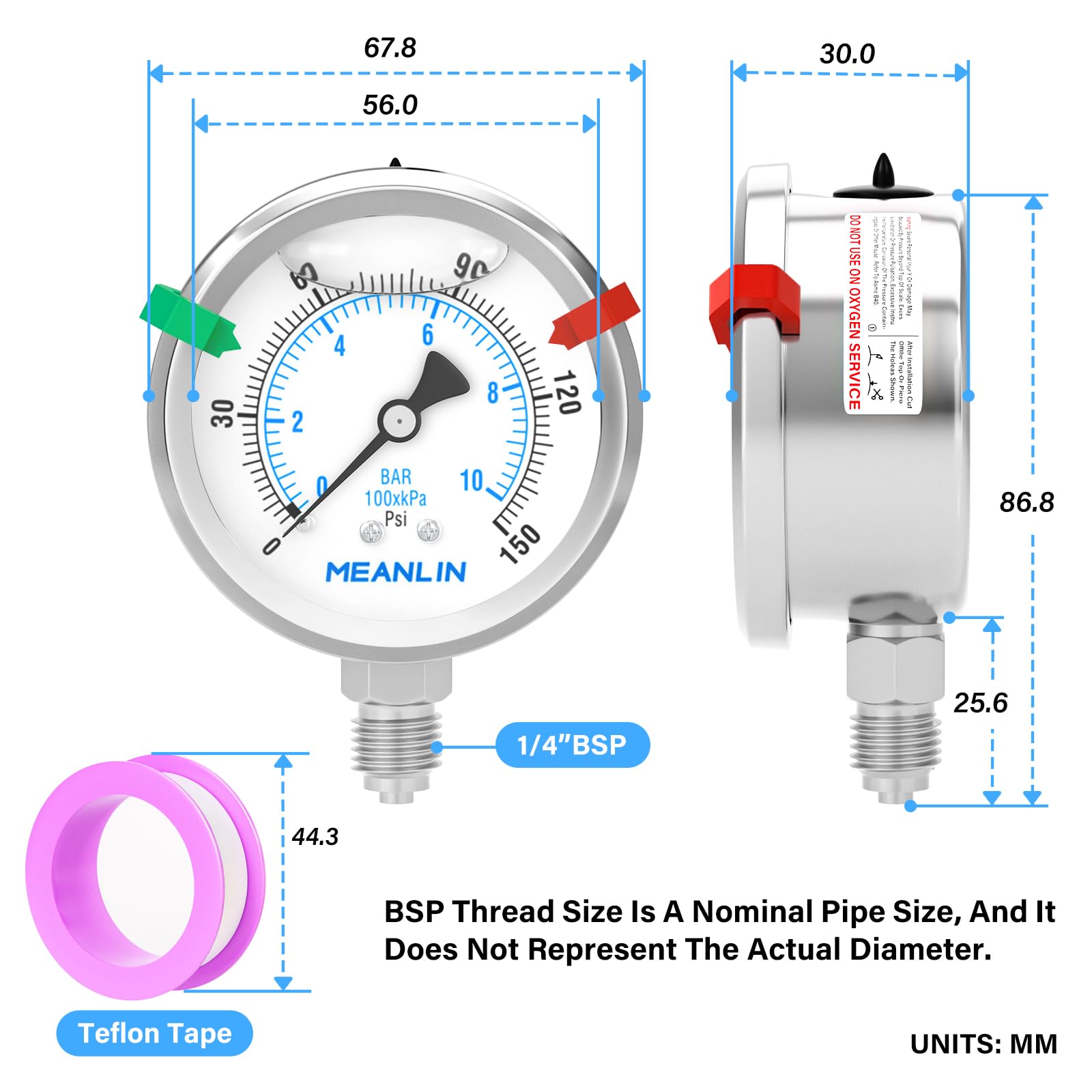 MEANLIN MEASURE 0~10Bar/0~150Psi Manometr cieczy ze stali nierdzewnej z uszczelką ze stali nierdzewnej 316 1/4" BSP 2,5" FACE DIAL do sprężarki powietrza, centrum filtracji wody, dolny montaż