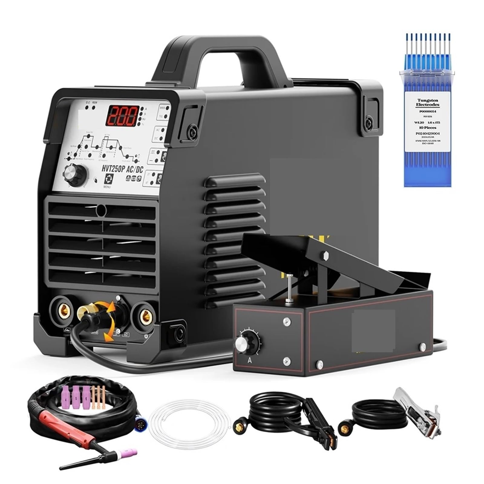 Wielofunkcyjna spawarka TIG 6 w 1 200 A, aluminium, AC/DC, MMA, łuk, HF, TIG, impuls, argon, falownik IGBT 2T/4T, 220 V (z pedałem)