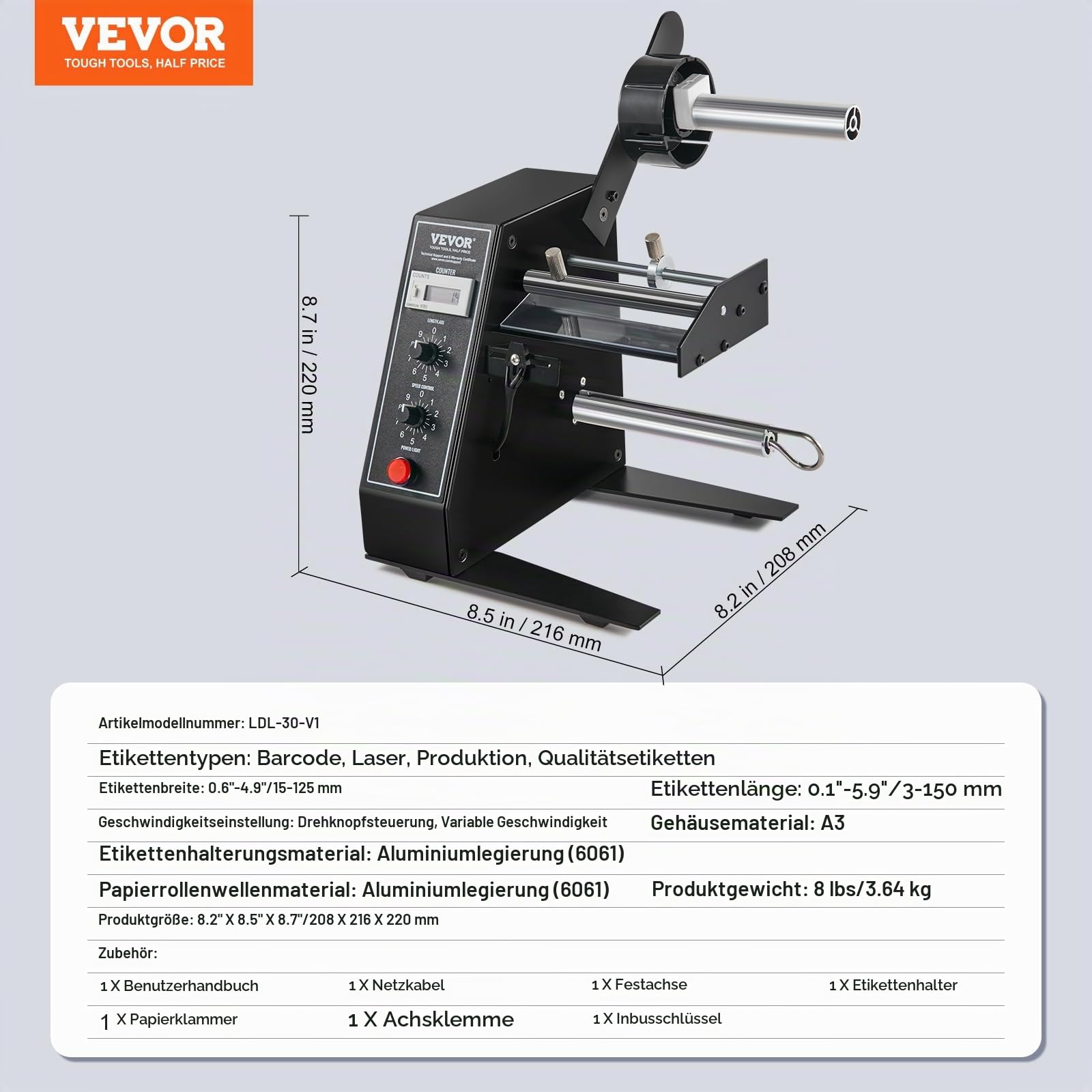 VEVOR Automatischer Etikettenspender, Breite 15-125 mm, Länge 3-150 mm, Etikettenabstreifer, Etikettentrennmaschine, stufenlose Geschwindigkeitseinstellung, Etikettenapplikator, max. Zählung 0-999999