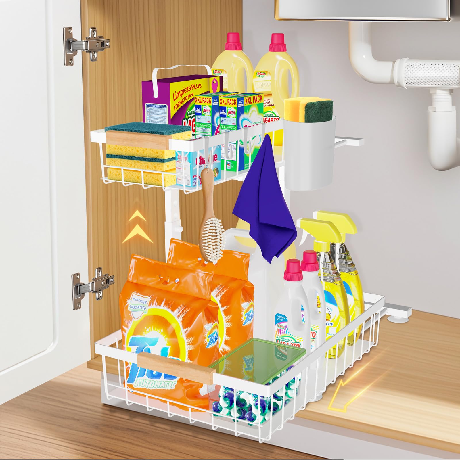 homicozy Organizer kuchenny do przechowywania pod zlewem, metalowy organizer do szafki pod zlewem, półka z regulacją wysokości, do przechowywania w kuchni, wyciągany stojak pod umywalkę do łazienki,