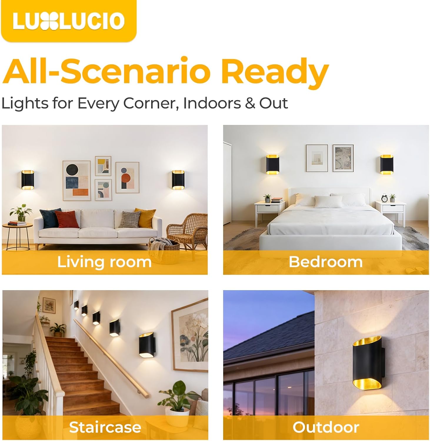 1 Pack Black & Gold Up & Down Wall Sconce Lamp 5%-100% Dimmable, Modern Indoor/Outdoor Light, IP65 Waterproof, 120V, 1200LM, 12W, 2700K-5000K 5-Color Selectable, CRI90+, ETL FCC Certified