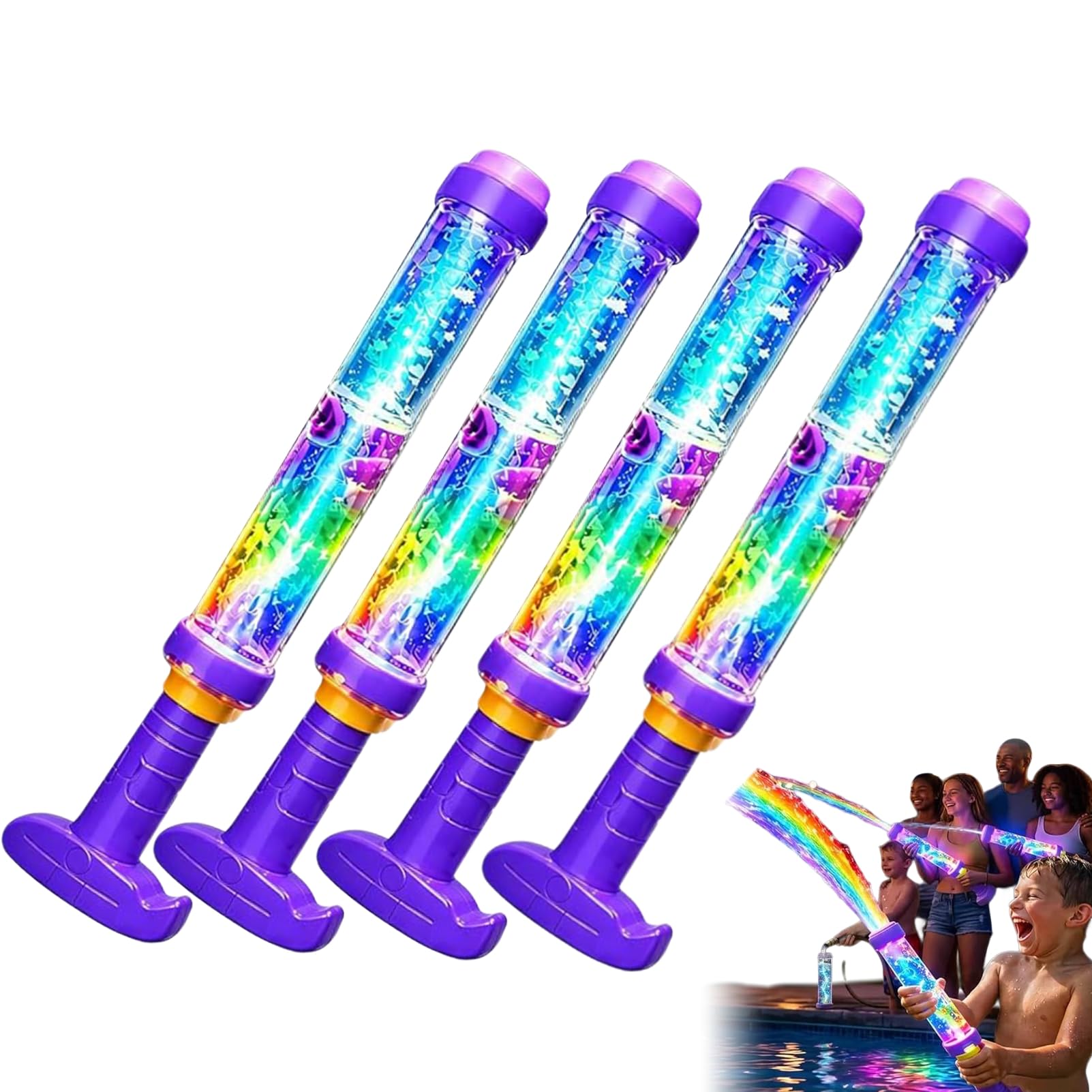Glowing Rainbow LED Water Blaster,Summer Fun that Pops Like Magic, Pull Push Fireworks Water Blasters Toys for Pool Party Outdoor Summer Water Games (4pcs)