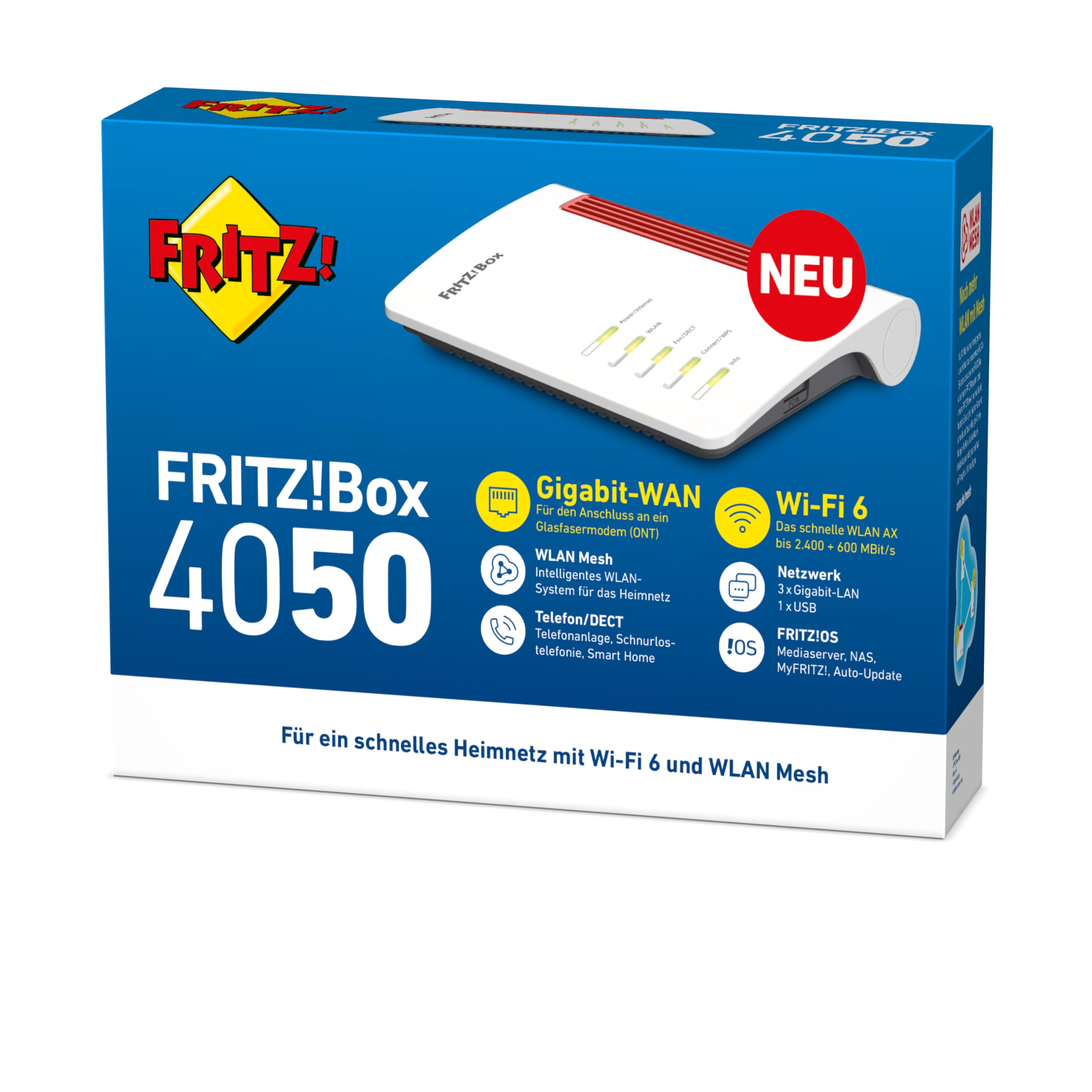 FRITZ!Box 4050 (Wi-Fi 6 Mesh Router, fino a 2.400 Mbit/s (5 GHz) e 600 Mbit/s (2,4 GHz), 3 LAN Gigabit, base DECT, USB 2.0, versione in lingua tedesca)