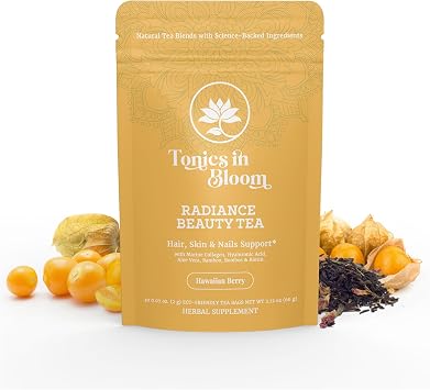 Marine Collagen Beauty Tea - Biotin, Hyaluronic Acid, Aloe Vera, Organic Green Tea - Natural Collagen Drink for Hair Skin and Nails Support - 30 Tea Bags Hawaiian Berry Flavor