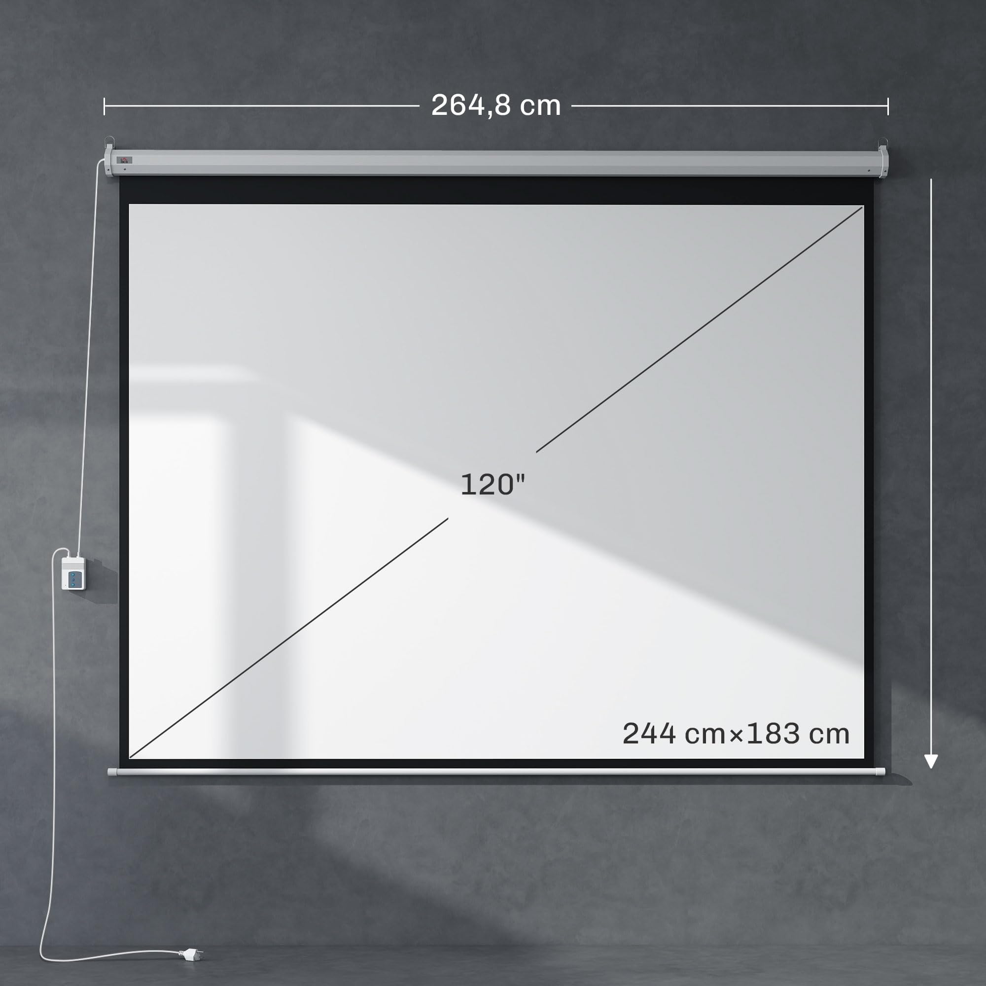 HOMCOM Pantalla de Proyector Eléctrica 120 Pulgadas Pantalla de Proyección Portátil Formato 4:3 con Mando a Distancia Tela de Proyección para Interior y Exterior Eventos Deportivos 244x183 cm Blanco