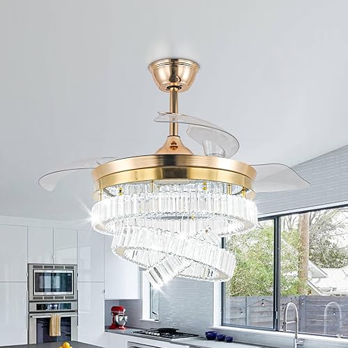 CLAIRDAI Ventilador de techo retráctil de 42 pulgadas, ventilador de techo de cristal con luz regulable, ventilador de techo invisible de 6