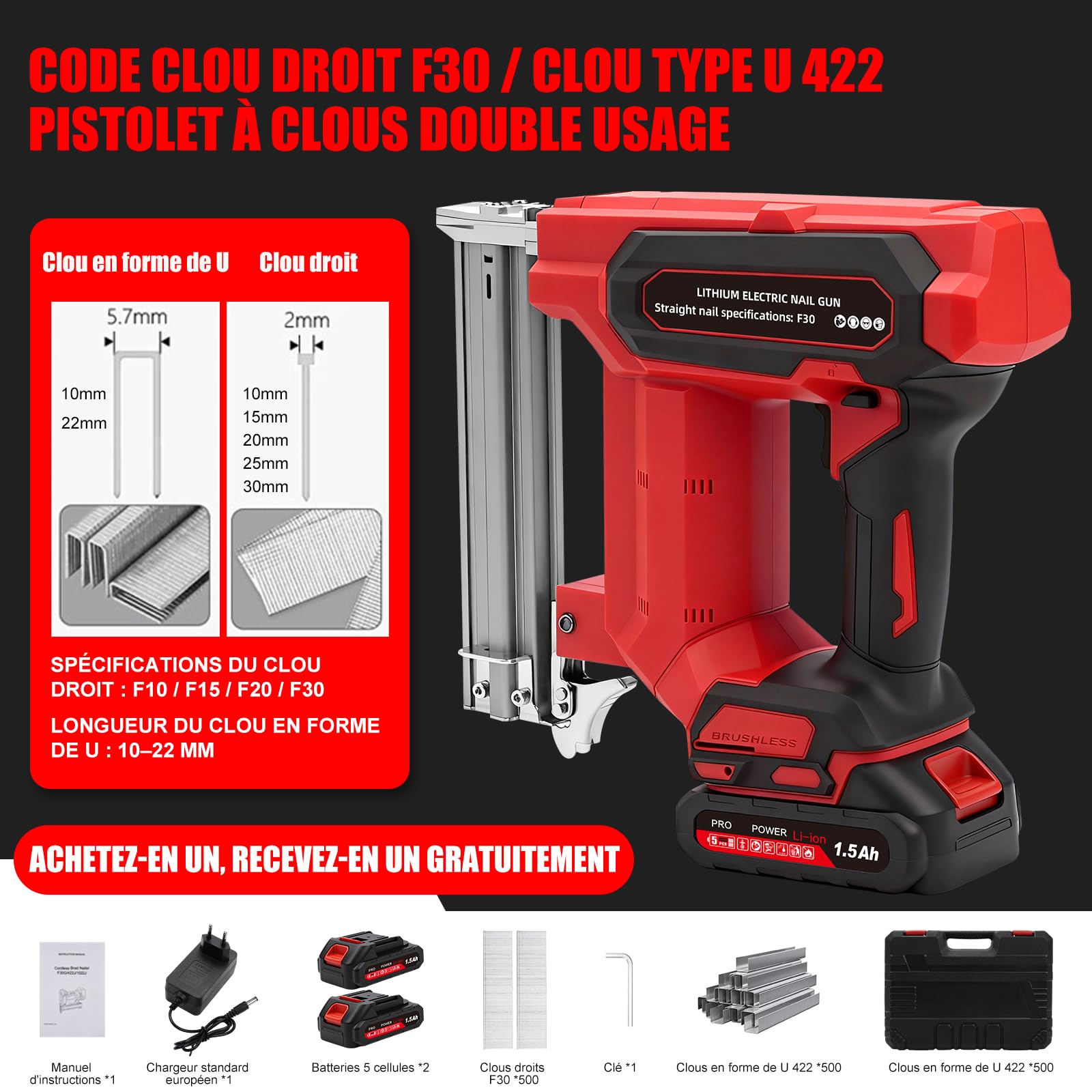 Cloueuse Electrique Sans Fil 21V avec 2 Batteries 1.5Ah, 1000 Clous/Agrafes | 2 en 1 Cloueur-Agrafeuse pour Tapisserie, Travail du Bois