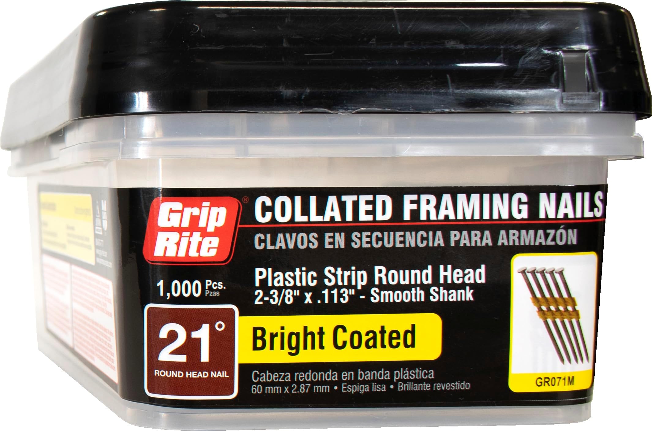 Grip Rite Prime Guard GR071M 21 Degree Plastic Strip Round Head Bright Coated Collated Framing Nails, 2-3/8" x 0.113"