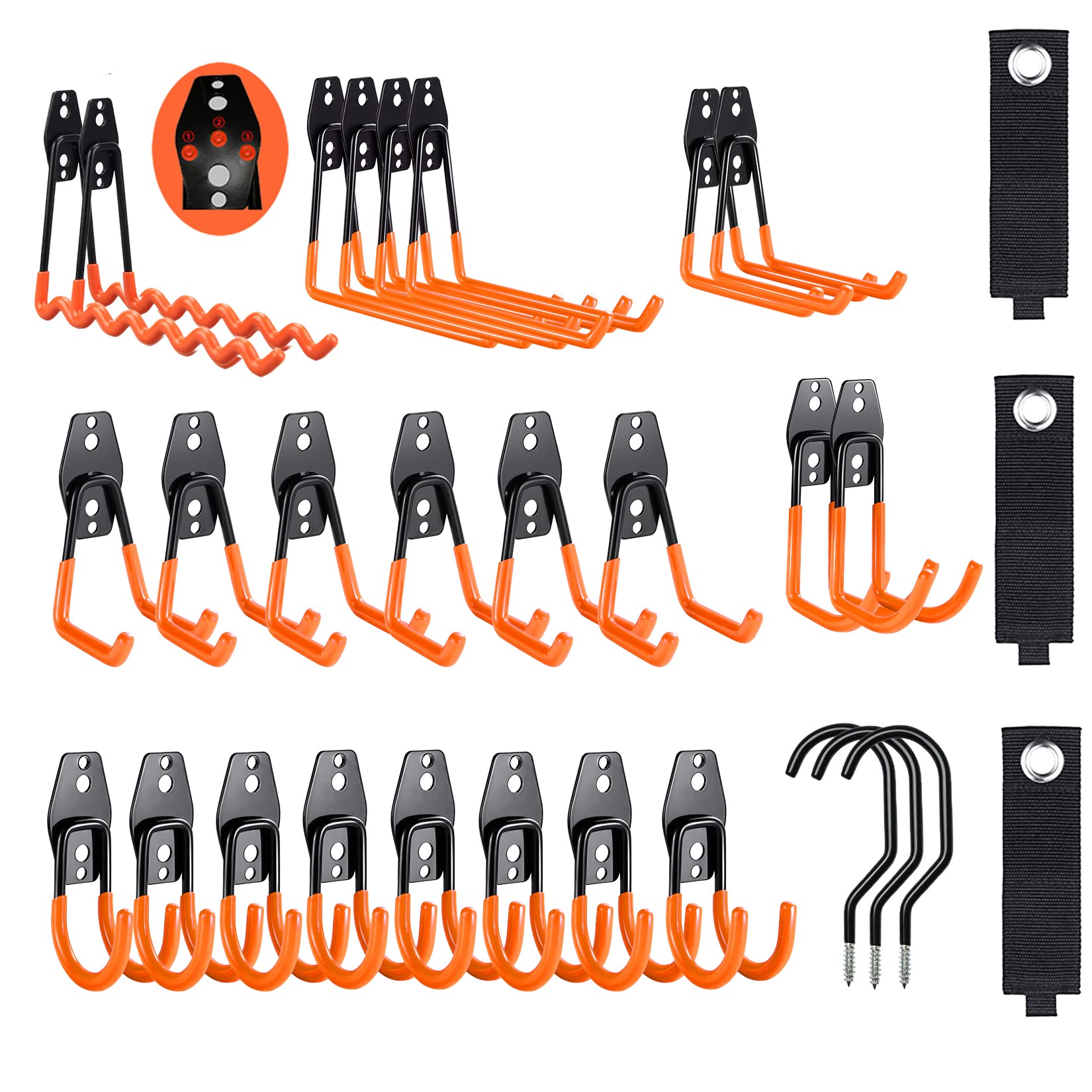 Garage Hooks Heavy Duty , Garage Hooks for Oranizing Power Tools,Ladders,Bikes,Bulk Items,Hoses and More Equipment, Anti Slip Design ,Assorted Pack of 10 Include 8 Hooks and 2 Stroage (30, Orange)