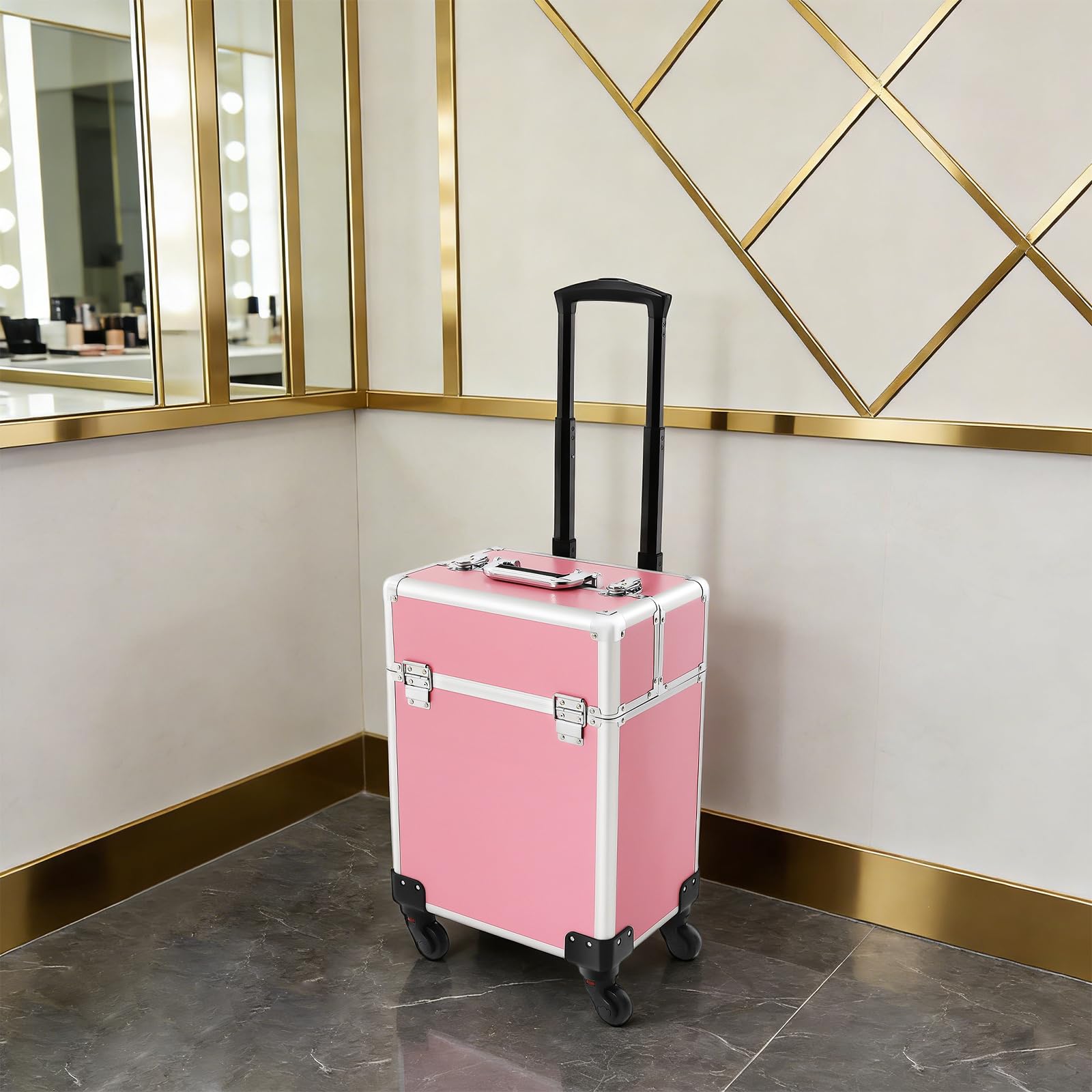 Valigia per il trucco professionale,Valigetta per il trucco a rotelle,Valigetta cosmetica rigida con ruote rimovibili,Manico telescopico,Trasporto da viaggio lavoro a casa