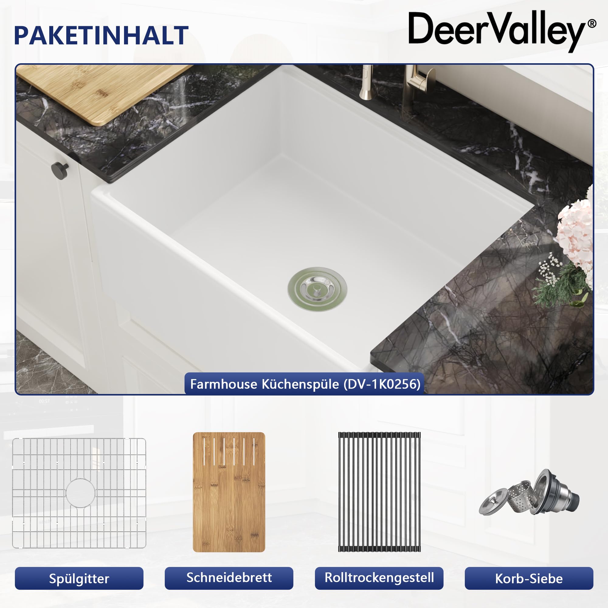 DeerValley Spülbecken 61 cm – Umkehrbares Apron-Front Küchenspüle Einbauspüle, Einzelschale, Solides Feuerfestton, Glänzend Weiß, Für Küche (61x50,8x25,4 cm)