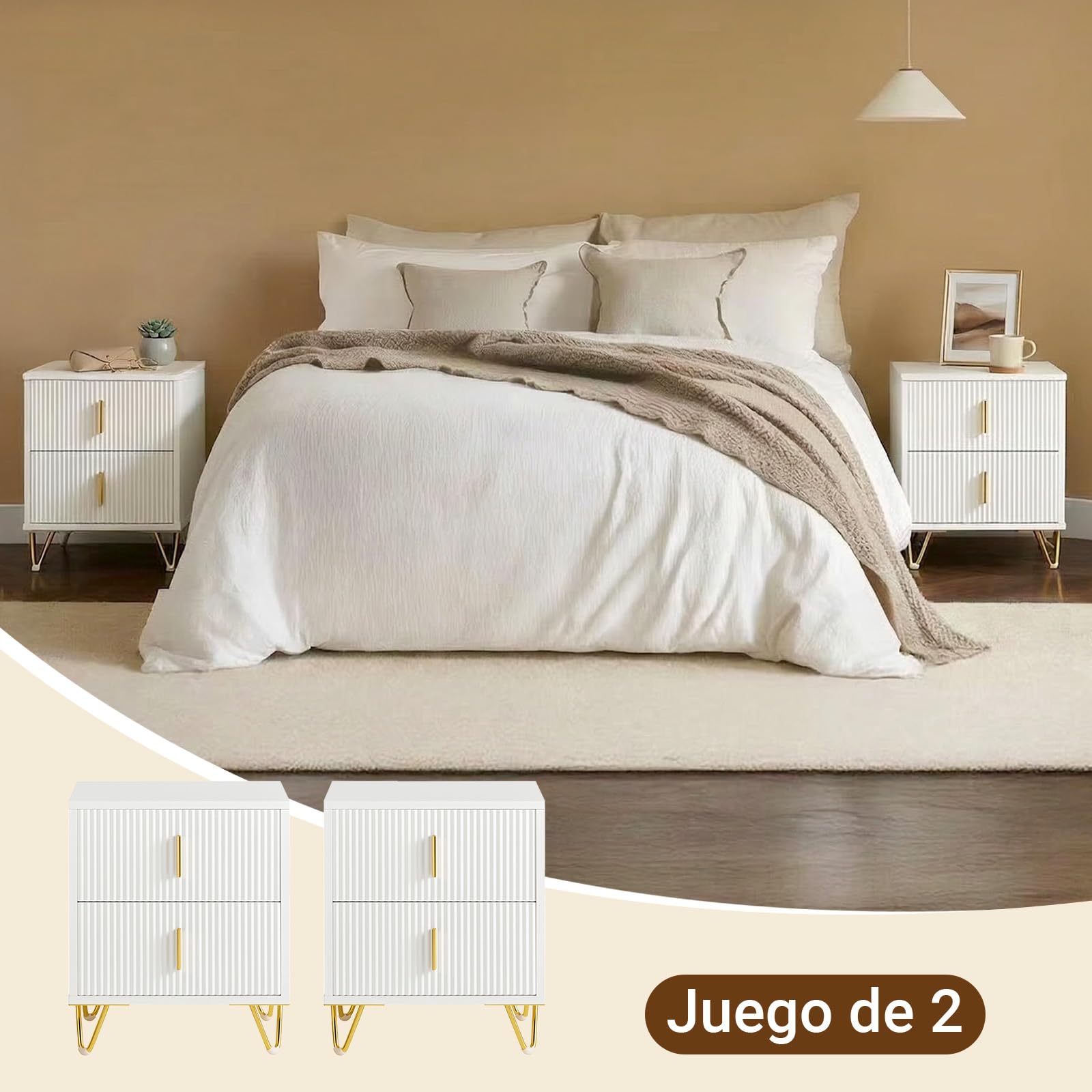 SoBuy Juego de 2 Mesita de Noche con 2 cajones y Patas metálicas Doradas, Mesa de Noche Moderna para Dormitorio y salón, Ideal para Estudiantes y familias, Blanco, 40x40x47 cm, FBT115-Wx2