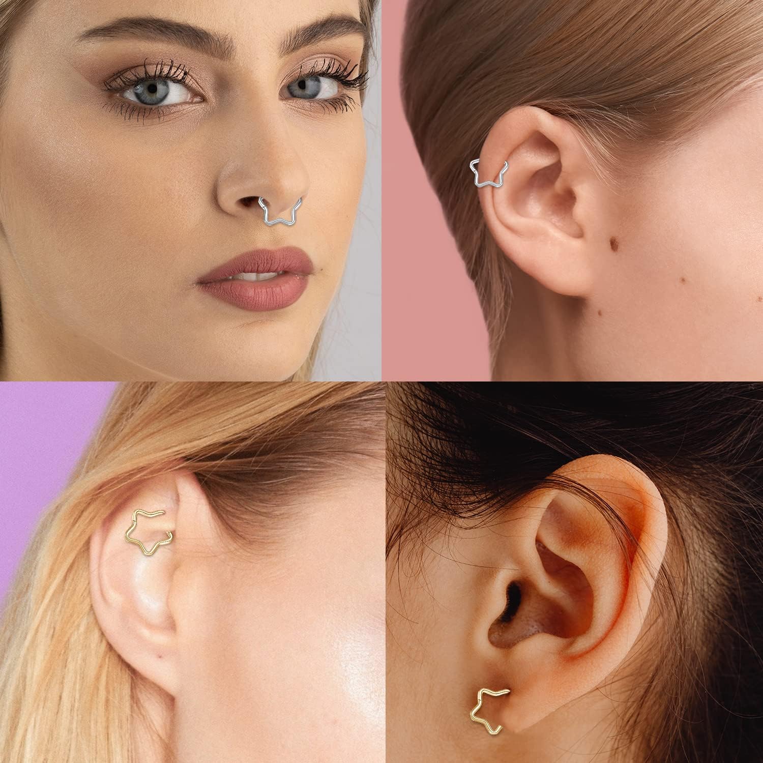 PEAKLINK Star Septum Ring Nose Hoop 16G Daith Rook Tragus Earring Surgical Steel Conch Cartilage Helix Piercing Jewelry for Women Men