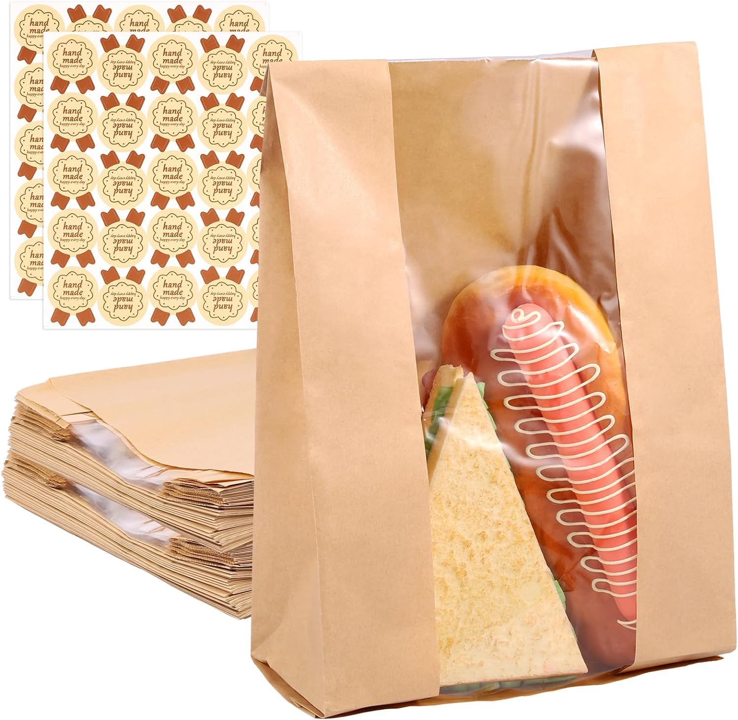 Sacchetti di carta per pane – Confezione da 50 sacchetti per pane fatti in casa con finestra trasparente con etichette adesive adesive per pasticceria sacchetti per biscotti, pane e dolcetti