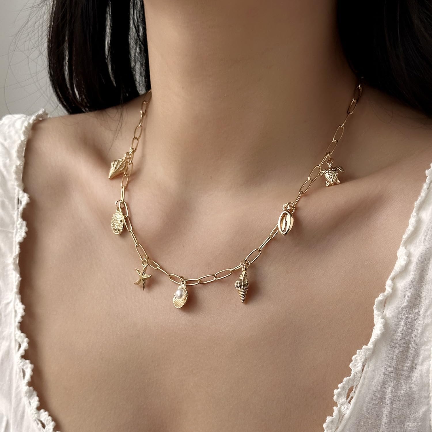 Gold Sea Shell Necklace for Women Pearl Choker Necklace Dainty Star Flower Shell Boho Summer Seashell Beach Starfish Necklaces Beach Vacation Essentials - Image 4