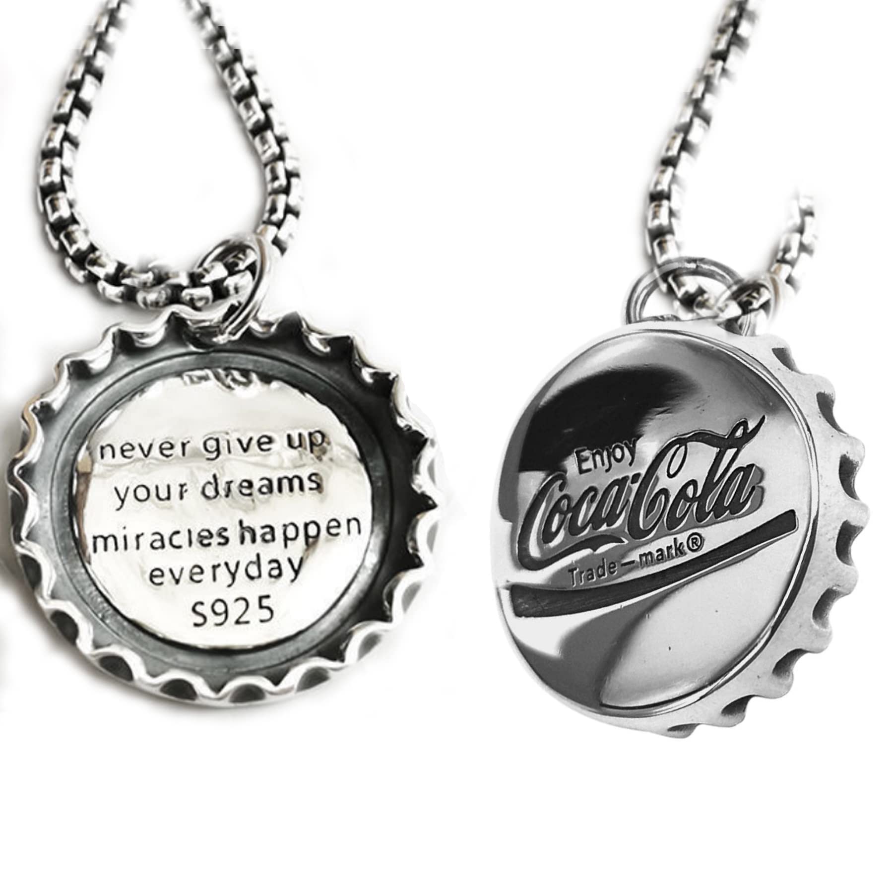 925 Sterling Silver Vintage Necklace, Sterling Silver Pendant with 316L Stainless Steel Necklace, Coke bottle cap Personality Hip Hop for both Men and Women., Sterling Silver, No Gemstone