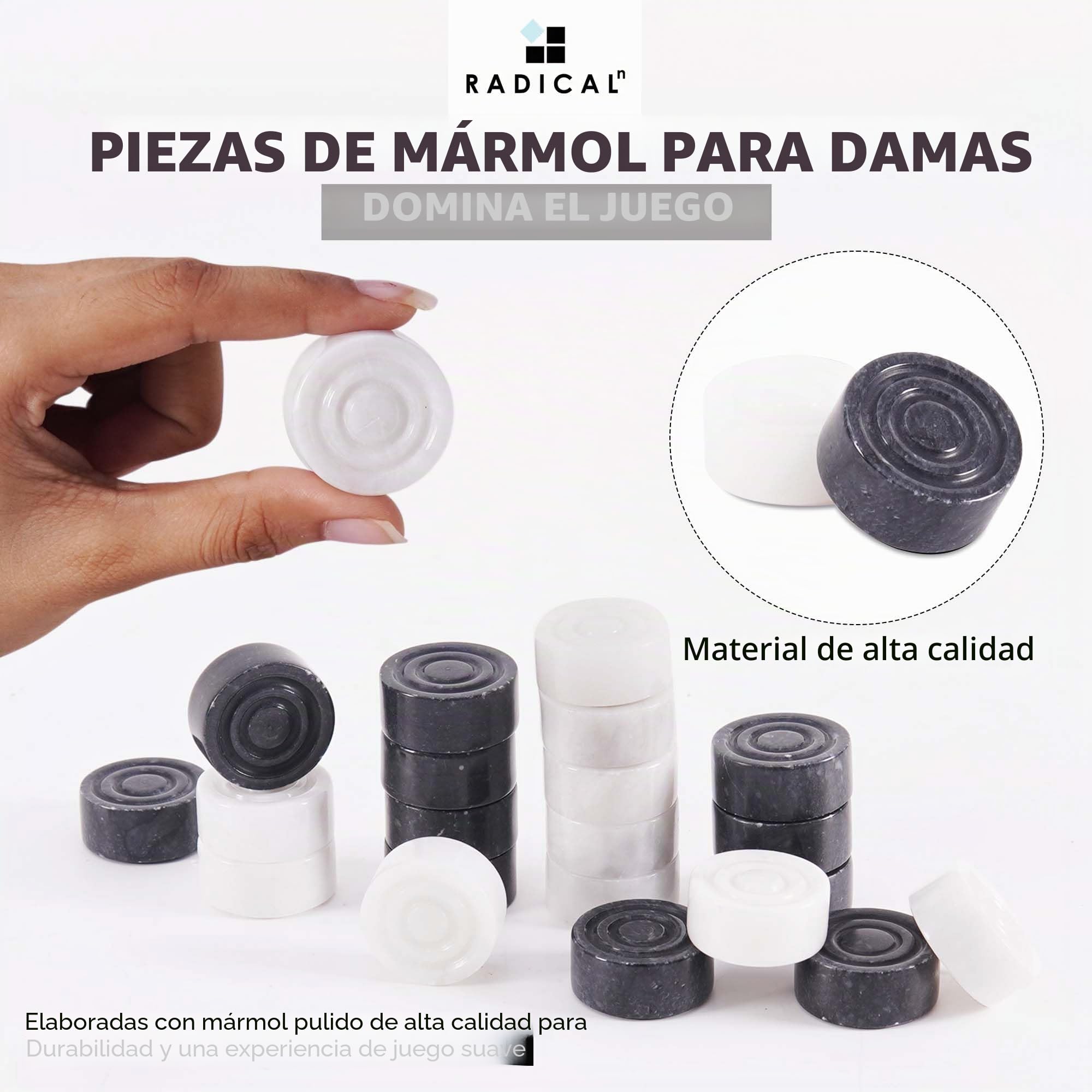 Radicaln Juego de Damas de mármol de 38,1 cm, Negro y Blanco, Hecho a Mano, Juego de Damas para Adultos, Ideal para Uso en Interiores y Exteriores, Juego de Mesa Decorativo